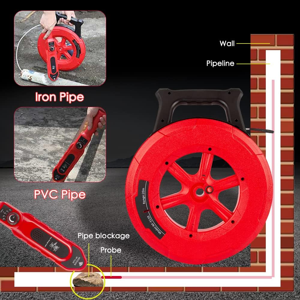 Pipe Blockage Detector, Water Pipe Locator Underground Diagnostic-Tool Wall Scanner Pipeline Blocking Clogging Scanner Plumbers Instrument For Metal PVC Water Pipes, 20M
