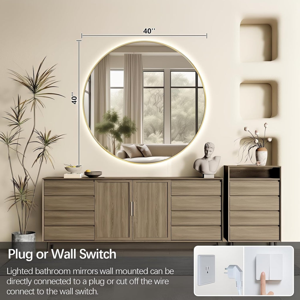 Niccy Round Led Mirror for Bathroom, 40" Backlit Mirrors for Wall Circle Lighted Mirror with Old Gold Frame Anti-Fog, 3 Colors, HD Glass and IP65 Waterproof