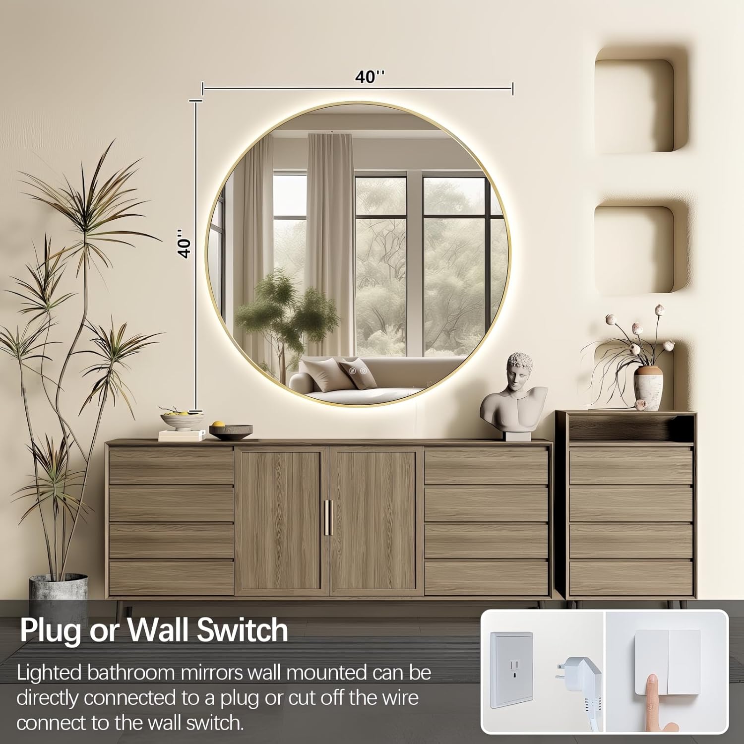 Niccy Round Led Mirror for Bathroom, 40" Backlit Mirrors for Wall Circle Lighted Mirror with Old Gold Frame Anti-Fog, 3 Colors, HD Glass and IP65 Waterproof