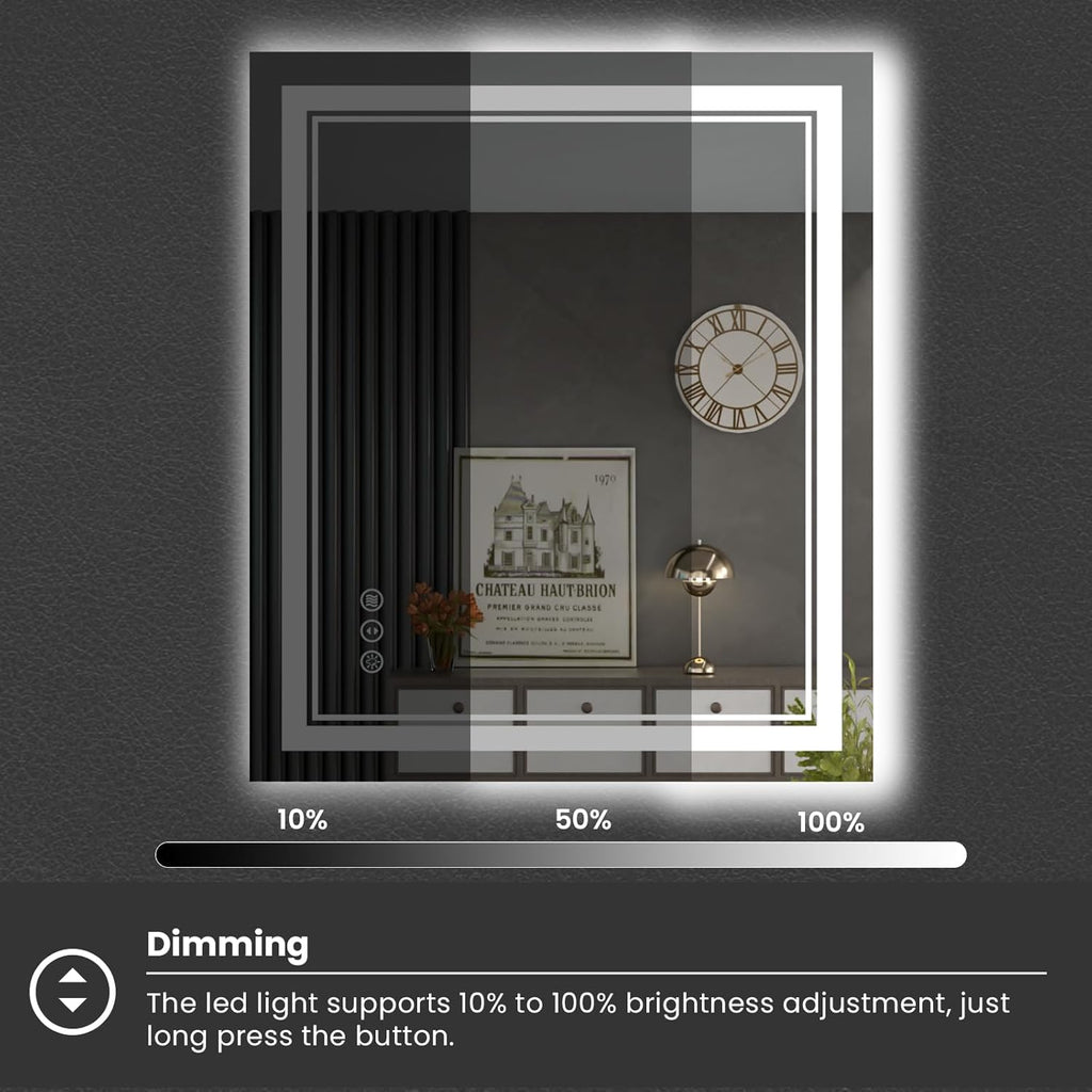 24 x 28 Inch LED Bathroom Mirror, Front Light and Backlit Anti-Fog Dimmable Memory Lighted Vanity Mirror, Shatterproof Wall-Mounted Led Mirror for Bathroom