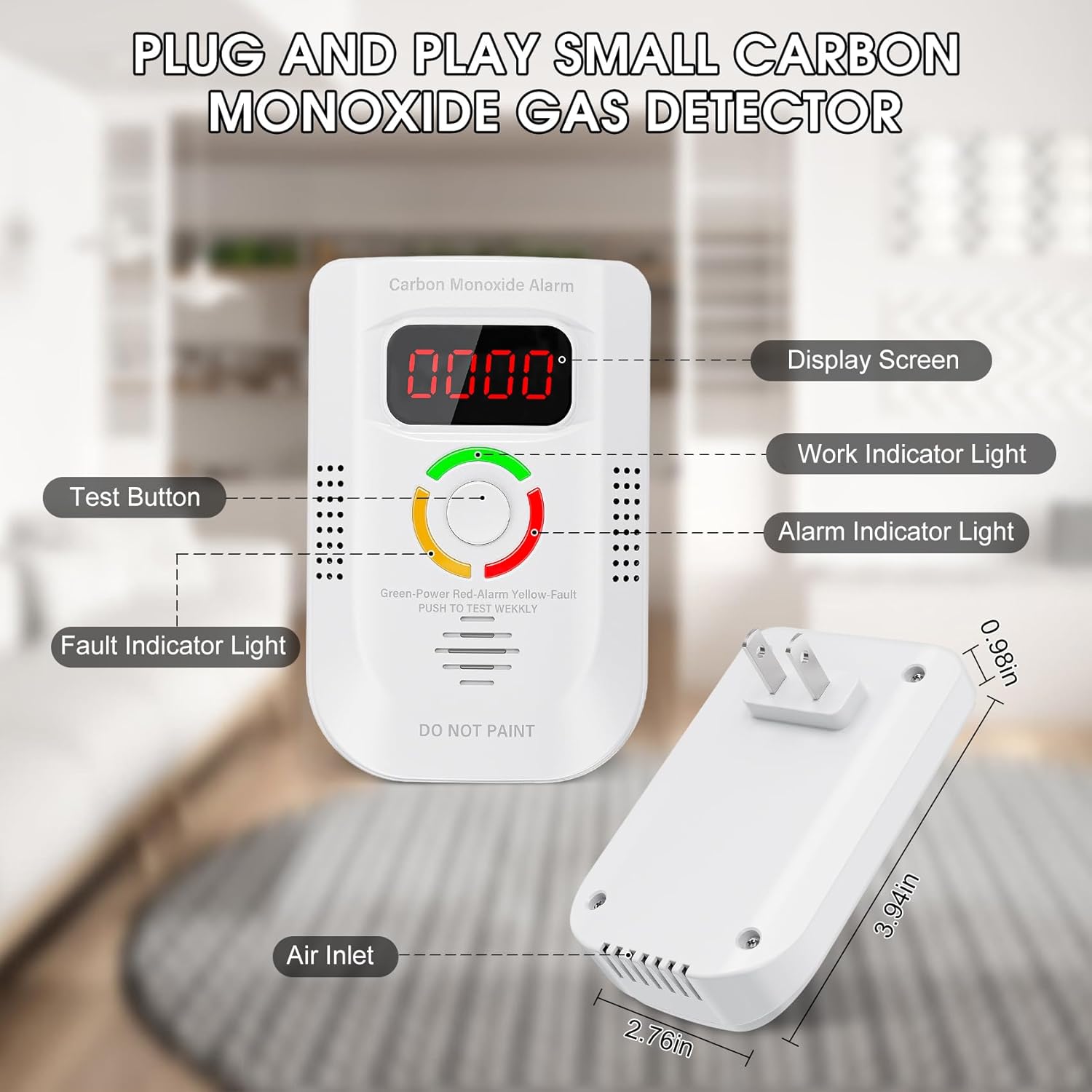 Carbon Monoxide Detectors Plug in, Portable CO Detector with LED Digital Display, Carbon Monoxide Alarm with Audible and Visual Alarm & Test Mute Button, CO Alarms Monitor for Home/Kitchen/Hotel