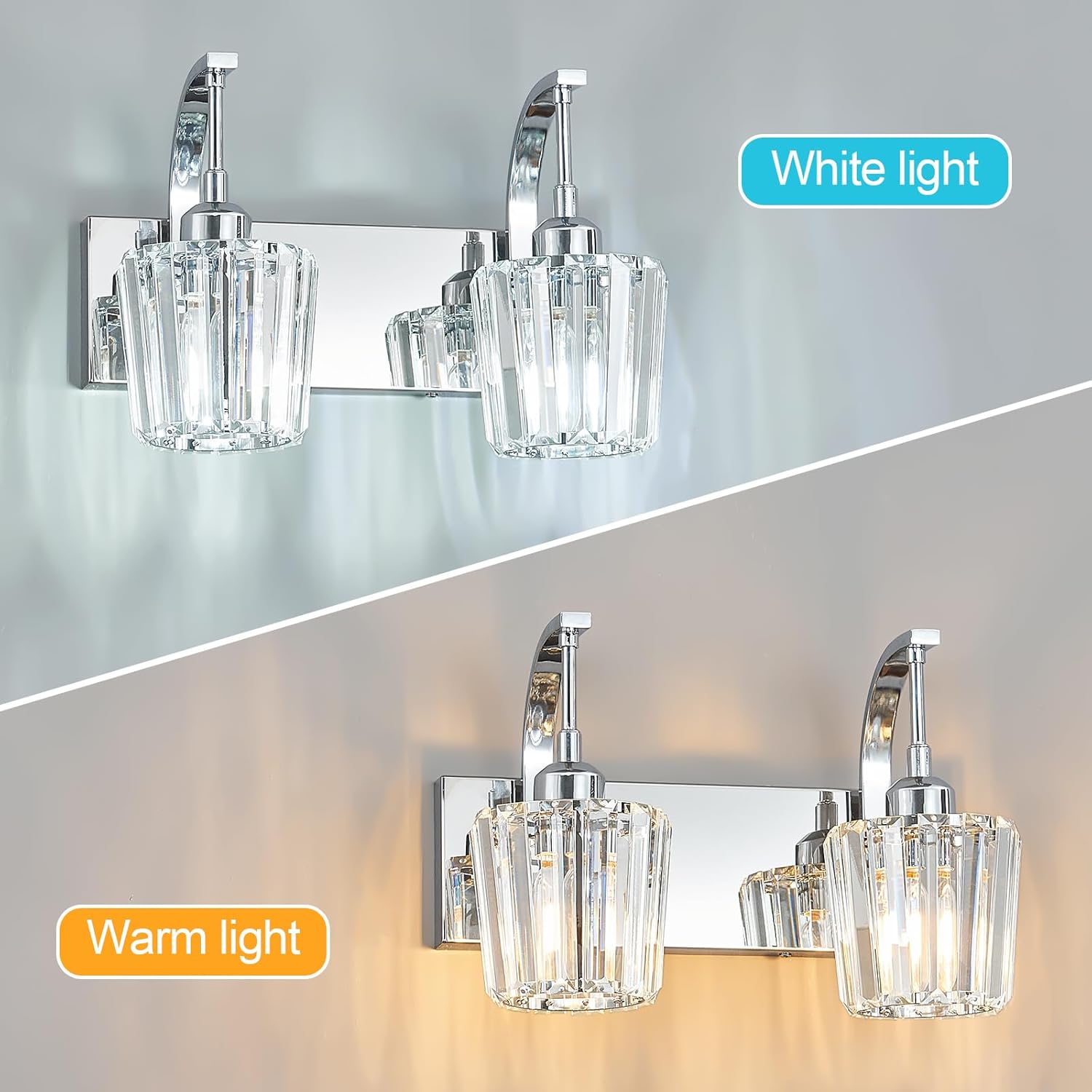 Modern Bathroom Vanity Light, 2-Light Chrome Wall Sconce with Crystal Accents, Over Mirror Bathroom Lighting Fixture, 13.77" Long Dimmable Vanity Lamp for Makeup, Easy Installation