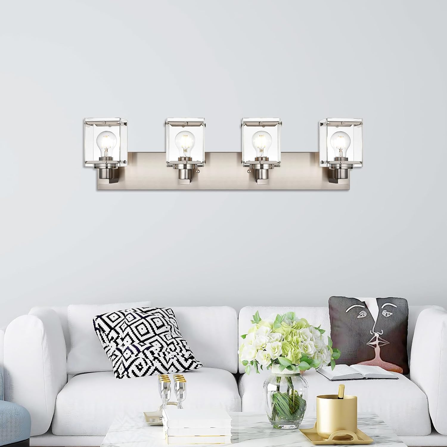 4-Lights Bathroom Vanity Light Fixtures in Brushed Nickel, E26 Socket Wall Sconce Lighting Fixtures with Clear Glass Shades for Over Mirror Bedroom Living Room Cabinet