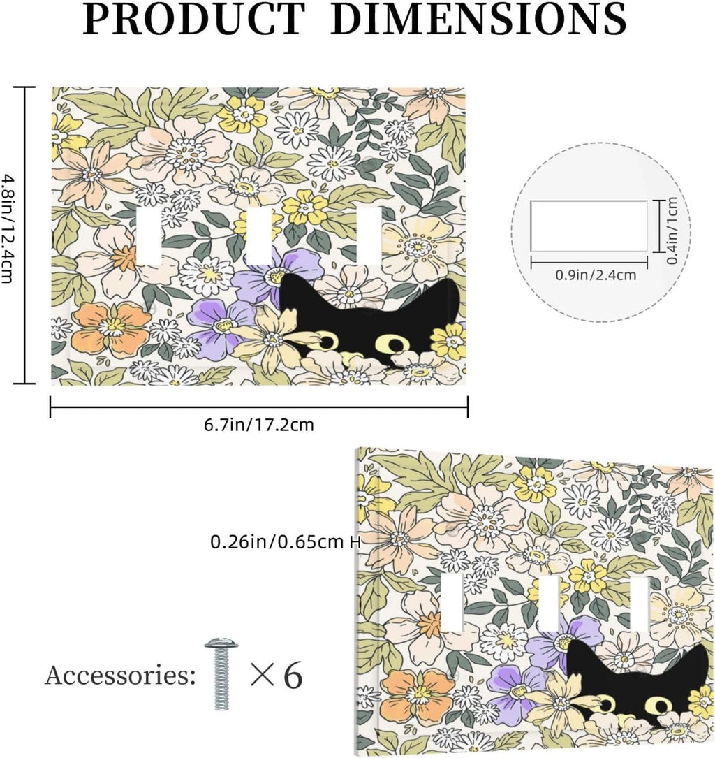 Decorative Light Switch Plate Covers Cute Black Cat in a Flower Patch Botanical Garden 3 Gang Artistic Wall Plate Unique Triple Toggle Light Switch Covers for Bedroom Home Decor