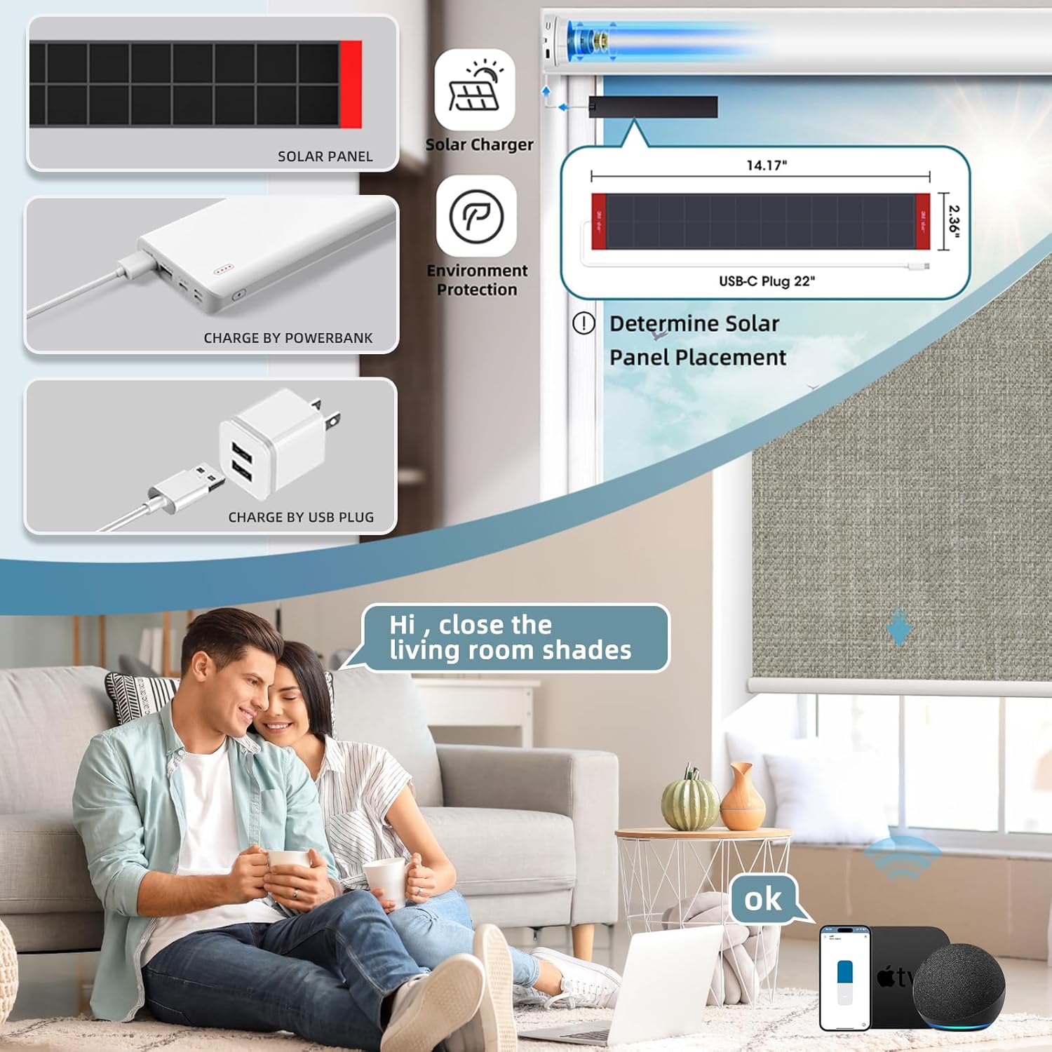 SmartWings Motorized Roller Shades Work with Homekit, 100% Blackout Smart Blinds for Windows, Cordless Remote Control Window Shades, Vigor Sage, Customized Size