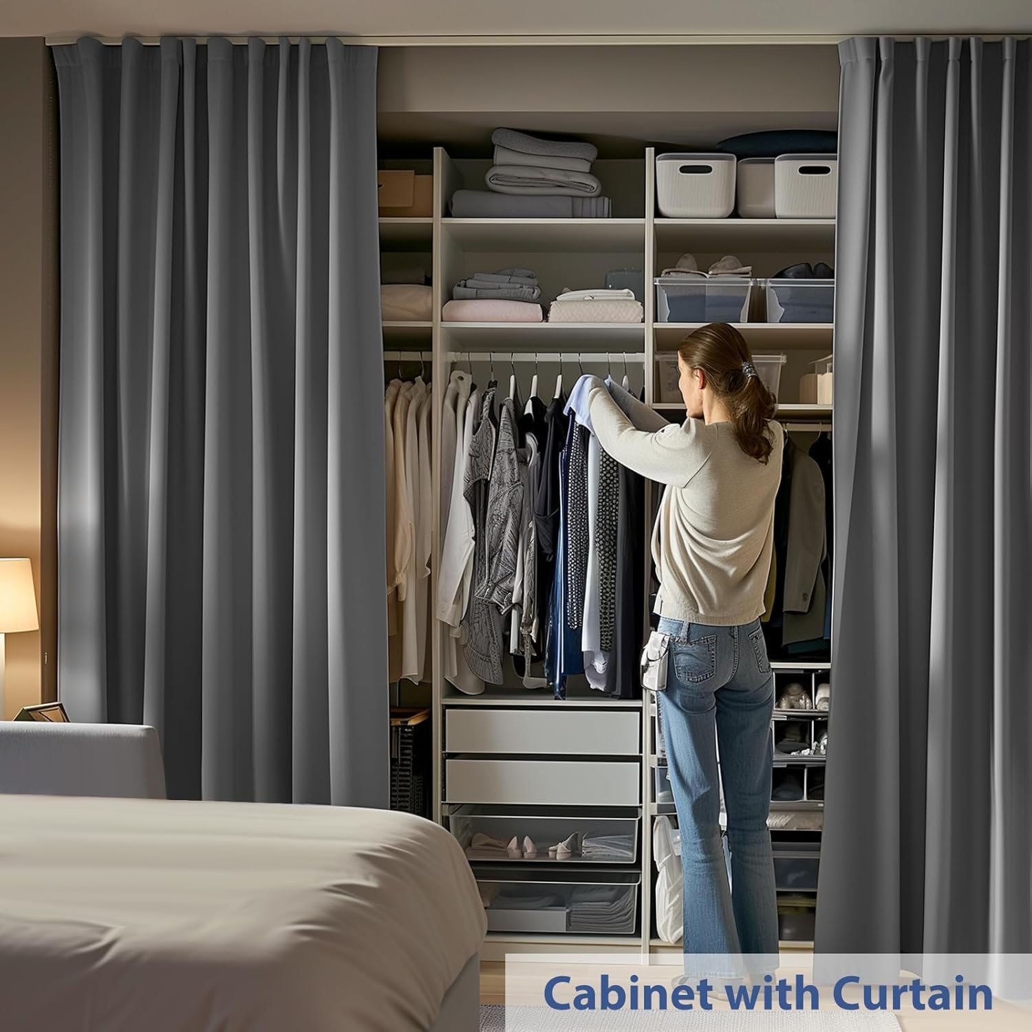 Room Divider Ceiling Mounted Curtains Track Sets Extra Wide Blackout Curtain Flexible Tracks for Bedroom Privacy Partition Separator, 1 Panel Grey Drape and White Rail, W12.5 x H8ft