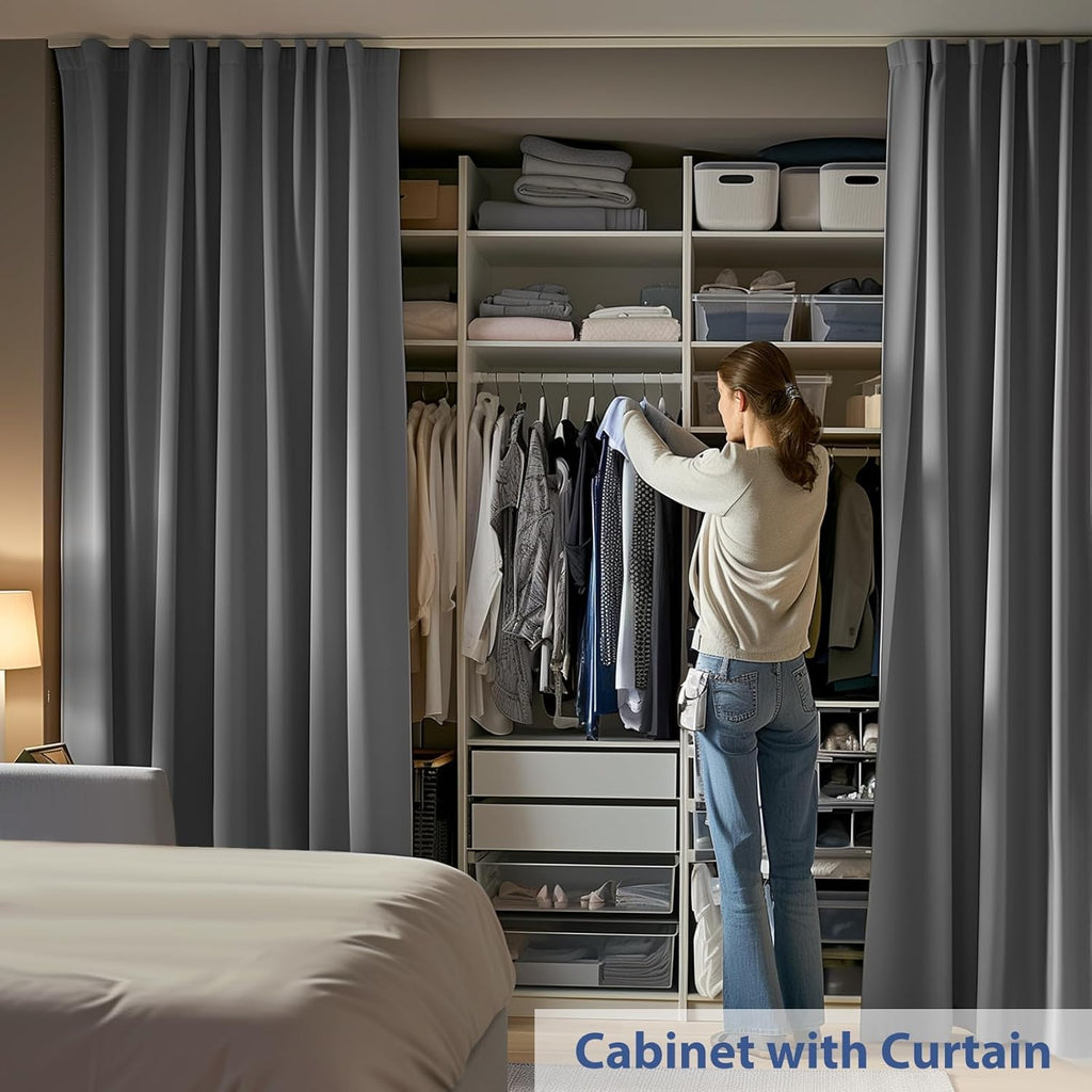 Room Divider Ceiling Mounted Curtains Track Sets Extra Wide Blackout Curtain Flexible Tracks for Bedroom Privacy Partition Separator, 1 Panel Grey Drape and White Rail, W12.5 x H10ft