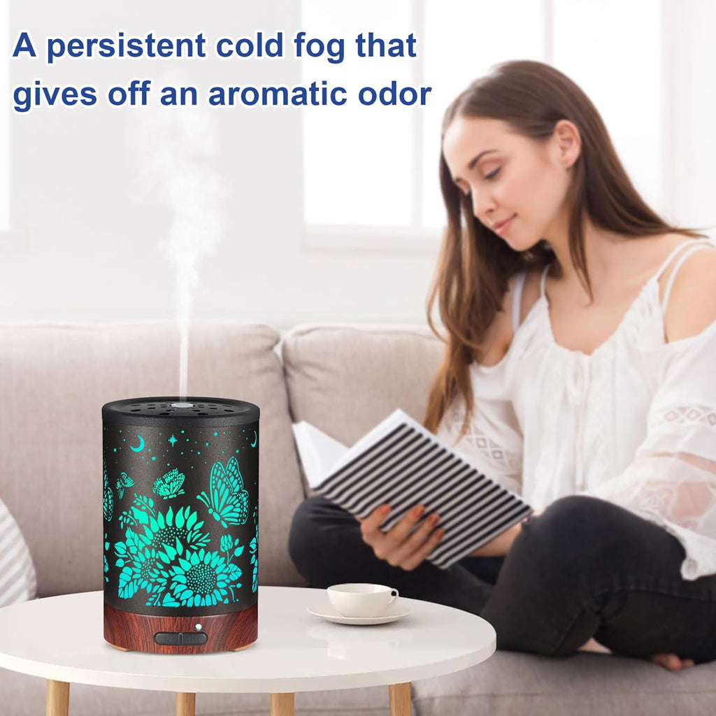 Essential Oil Diffuser- Aromatherapy Diffuser with7 Colors Light and Auto-Off for Women Metal Cool Mist Humidifier for Home and Office for Mom Women（Sunflower + Butterfly）