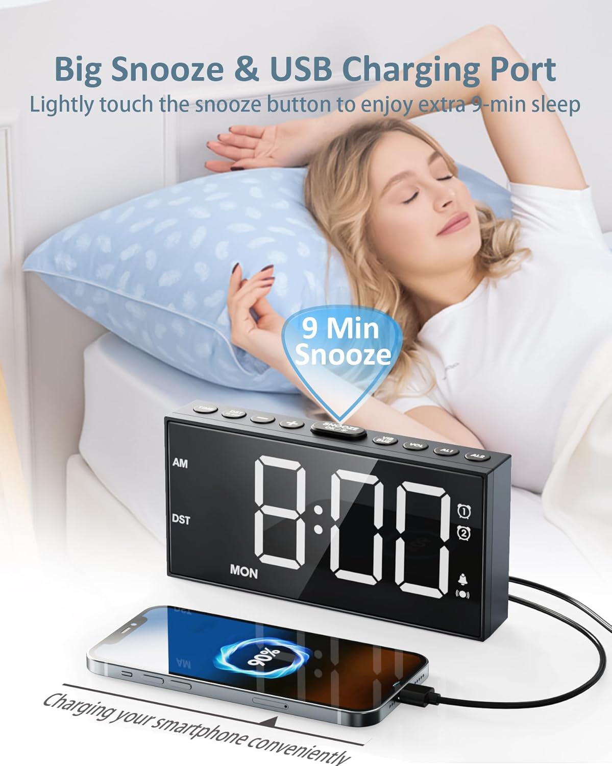 Loud Alarm Clock with Bed Shaker for Heavy Sleeper,3-level Vibrating,Large Digits,Weekday/Weekend Mode,Dual Alarms for Hard of Hearing/Deaf, 5 Volume,Dimmer,USB Charger,Snooze,Battery Backup