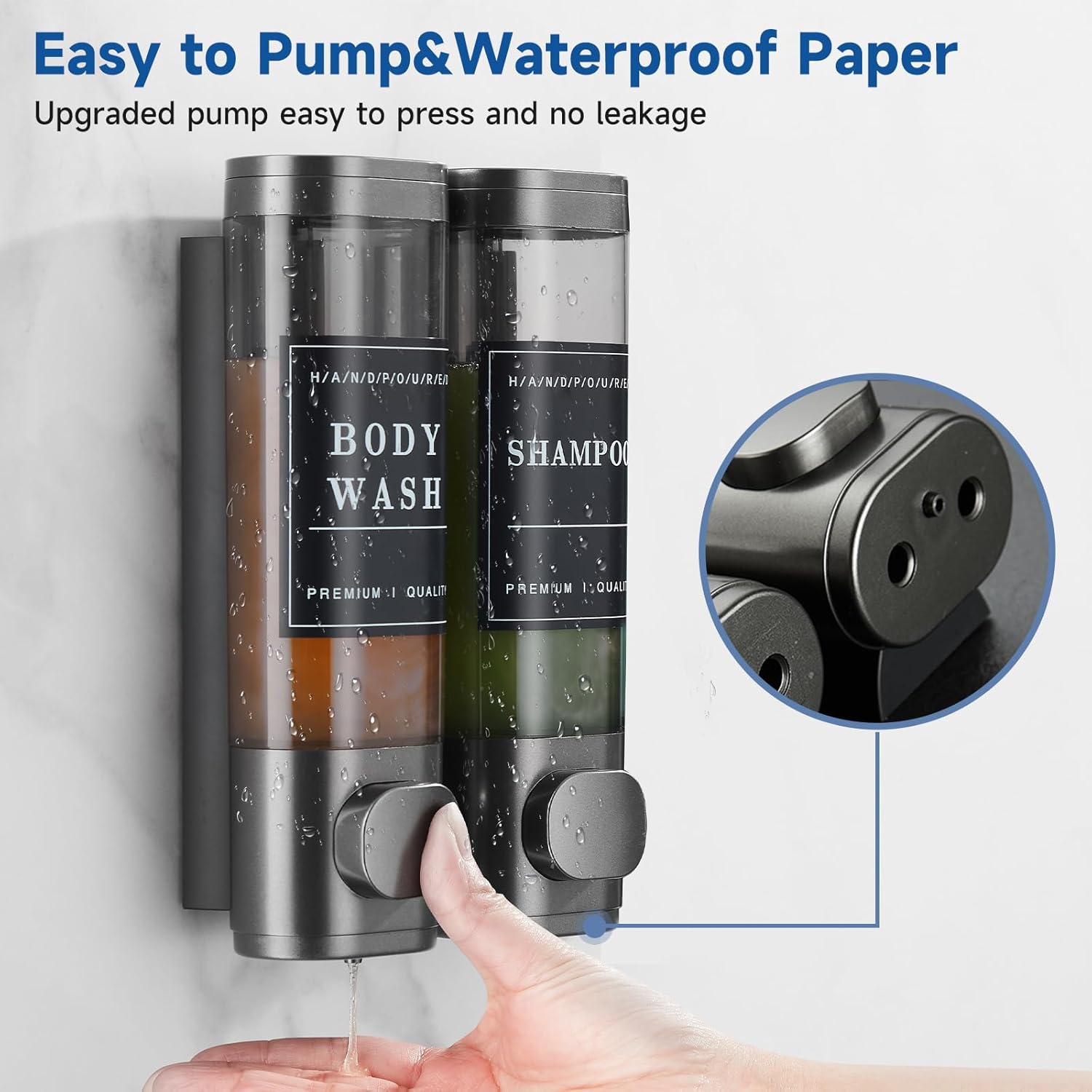 2-Chamber Wall-Mounted Shower Soap Dispenser for Shampoo and Conditioner - No Drill, Large Capacity Bathroom Dispenser for Hotel - Gun Gray