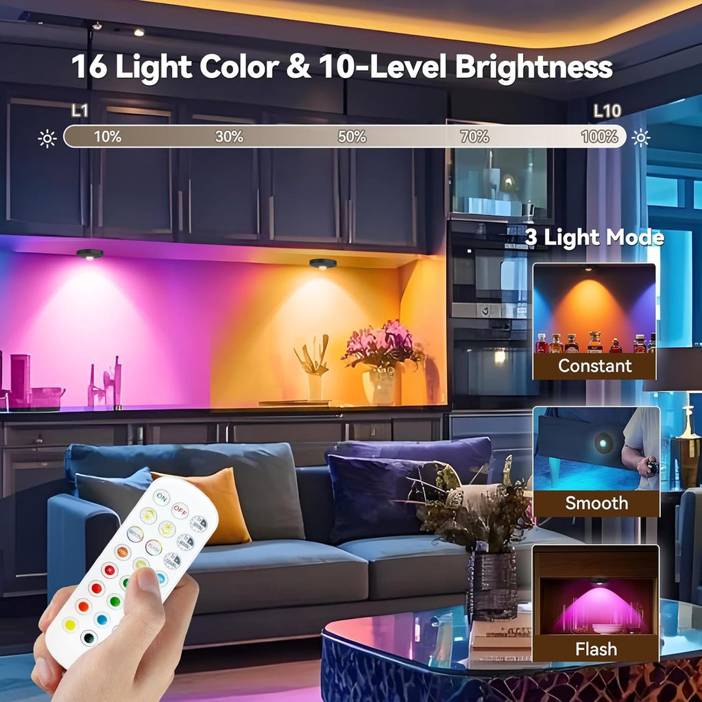 Rechargeable Puck Lights with Remote, 3 Pack Magnetic Under Cabinet Lighting, 1500mAh Battery Operated LED Tap Lights with Dimmer & Timmer for Kitchen, Closet, Shelf - 3 Color Temps & 12 RGB, Black