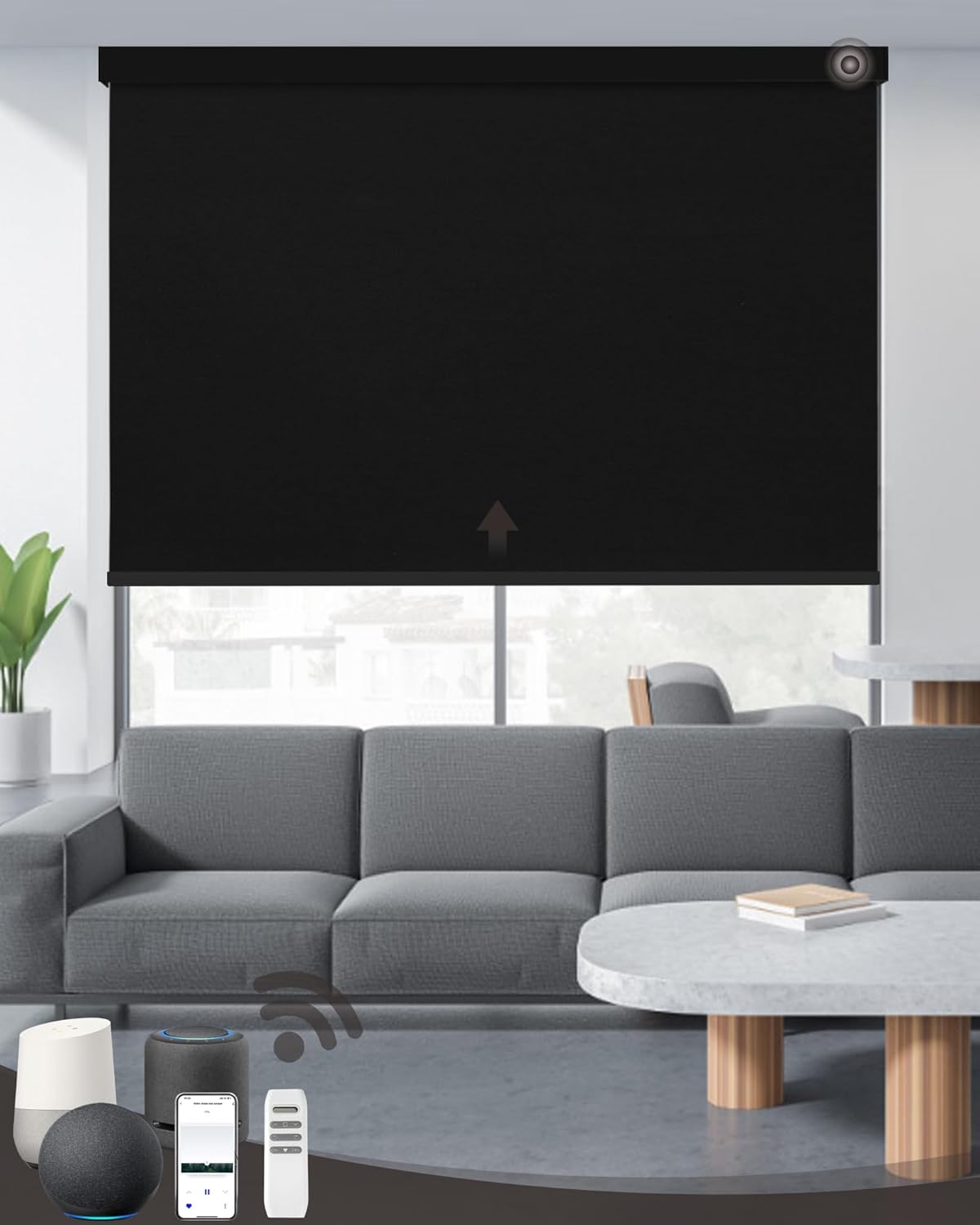 Motorized Roller Shade with Remote Control, 100% Blackout Electric Blinds for Windows with Alexa Google Home via Hub, Rechargeable Smart Automatic Customized Size（Dule Side-Black）