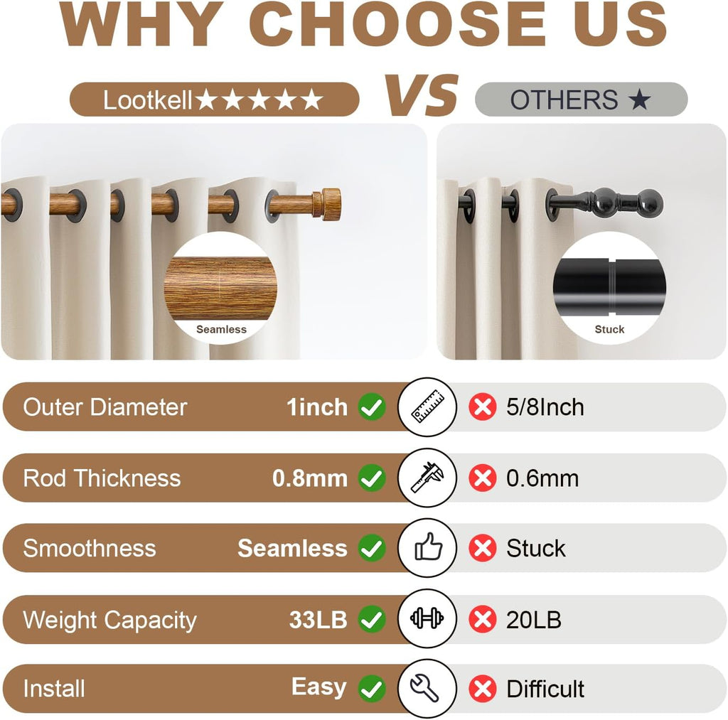 Wood Curtain Rods for Windows 66 to 120 Inches 1" Diameter Boho Decorative Heavy Duty Long Window Curtain Rod Adjustable with Solid Imitation Wood Grain Finials for Living Room Bedroom Kitchen