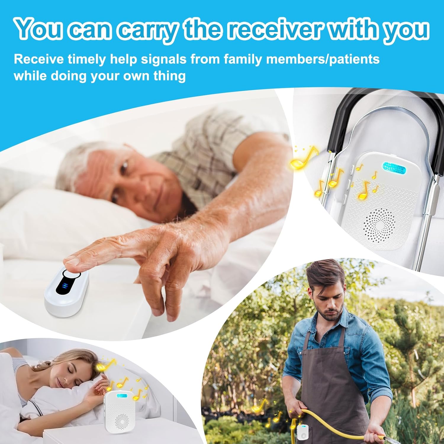 SanJie Wireless Caregiver Pager Call Bell for Patients at Home 328Ft Range Call Button for Elderly Life Alert Systems for Seniors (2 Rechargeable & Portable Receiver,3 Emergency Button)