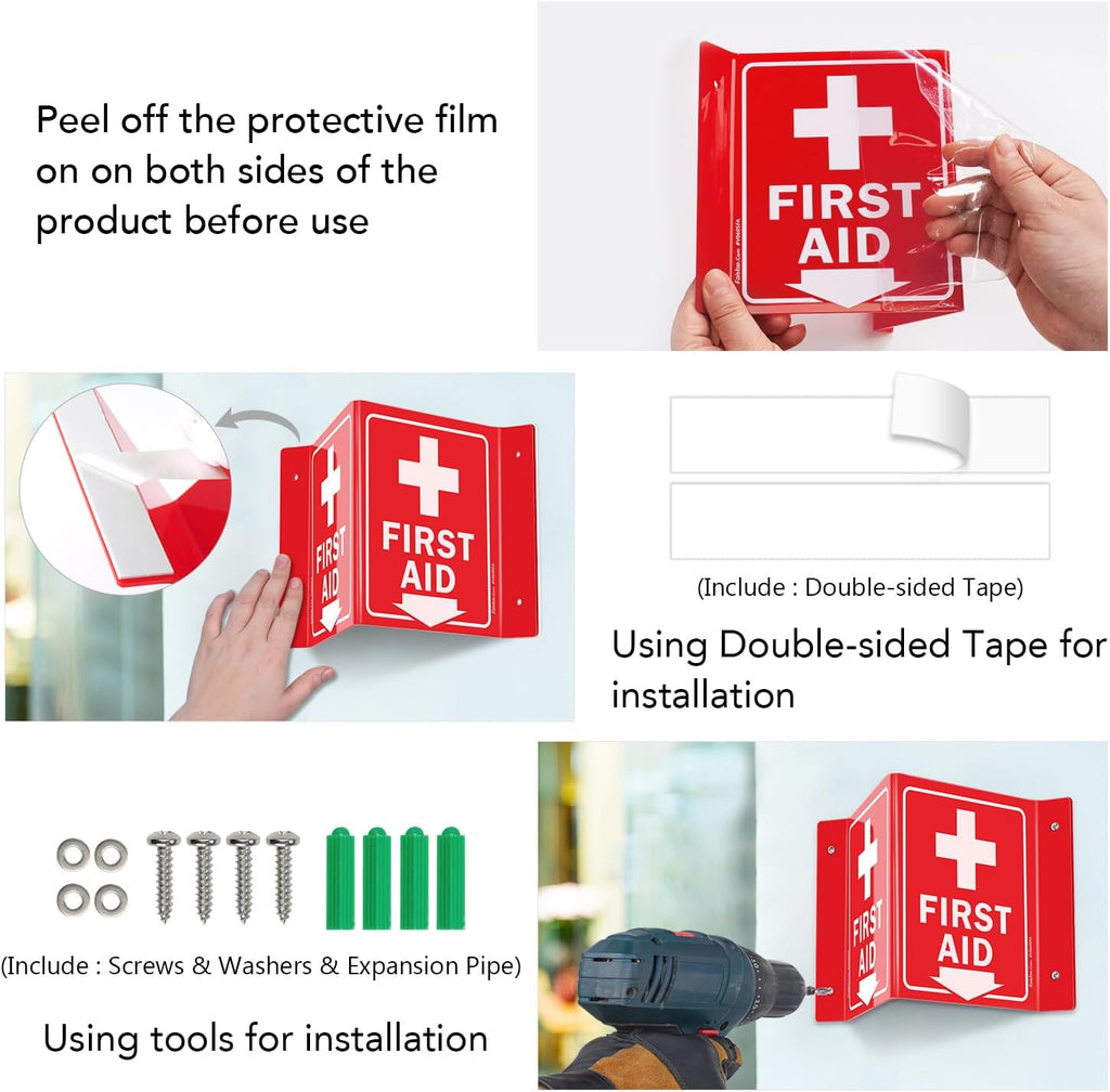 Faittoo First Aid Sign, 5 Pack First Aid with Cross Symbol - 6 x 8 Inches V-Shaped Acrylic Plastic, 4 Pre-Drilled Holes, Includes Matching Screws, Use for Home Office/Business
