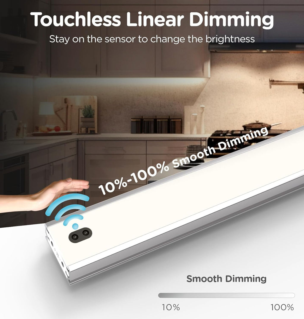 Hand Wave Under Cabinet LED Lighting Plug in, 20 Inch 2 Pcs Dimmable Linkable Ultra Thin Aluminum Alloy Housing, 4000K Natural White Motion Sensor Counter Lights for Kitchen, Shelf, Cupboard