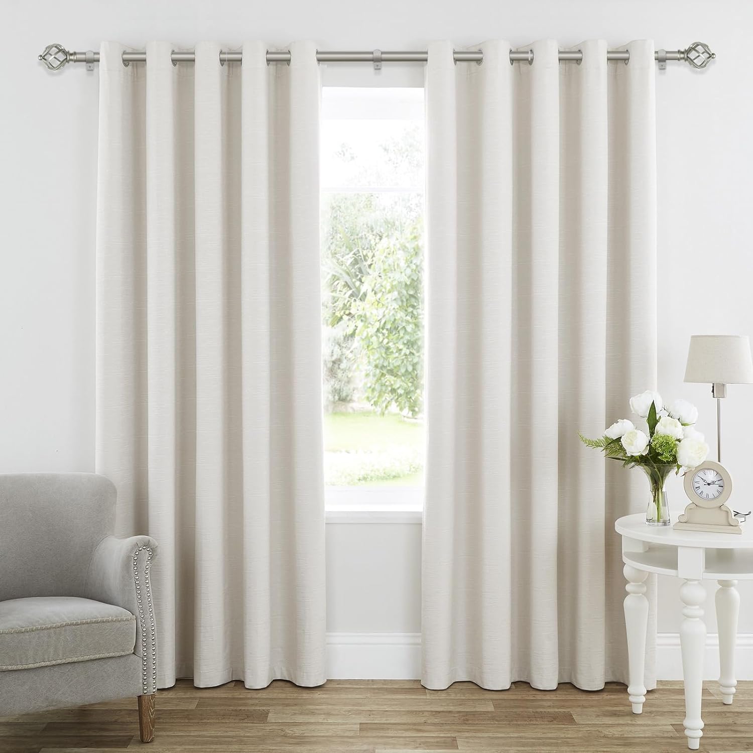 KAMANINA Silver Curtain Rods for Windows 72 to 144 Inch, Long Curtain Rod 32 to 144 Inches (2.6-12ft), 6/8 In Splicing Adjustable Single Drapery Rod with Twisted Cage Finial