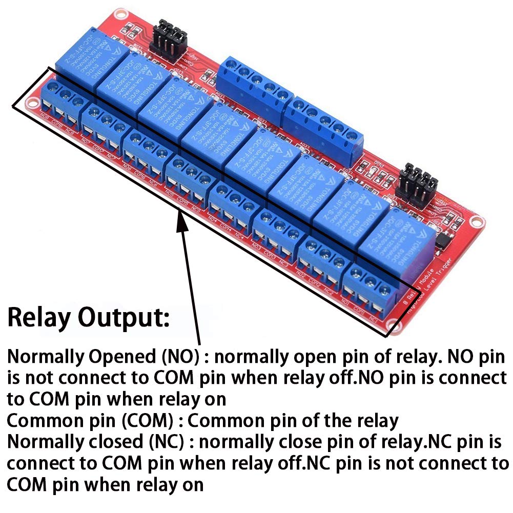 Relay Module with Optocoupler High/Low Level Trigger for Arduino (5, 5V Relay 8 Channel)