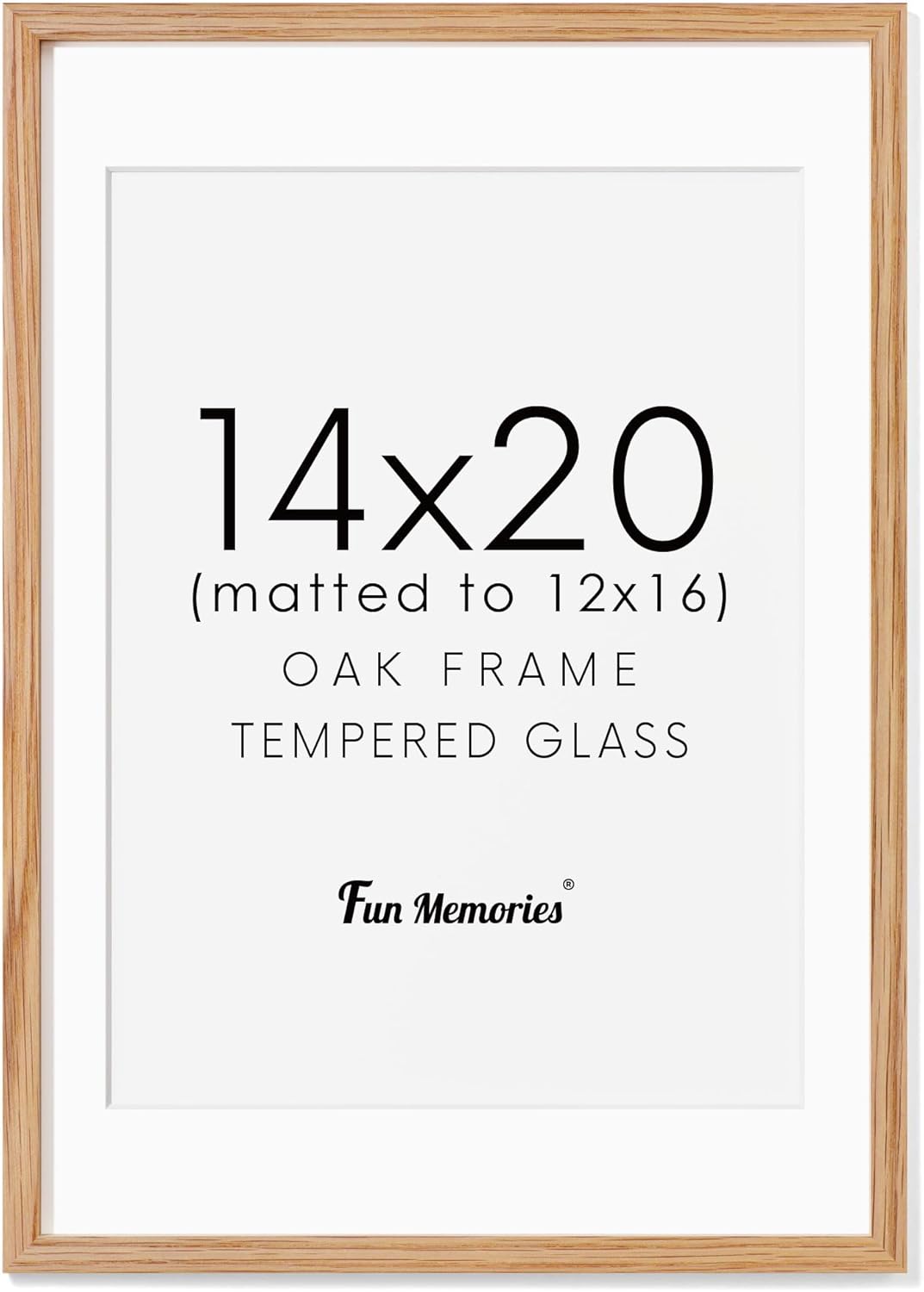 Fun Memories 14x20 Picture Frame, Solid Oak Wooden 14"x20" Photo Frame for Wall, 14 x 20 Frame Matted to 12 x 16, Tempered Real Glass, 14 x 20 Collage Gallery Frames (Natural Oak Color, 1 Pack)