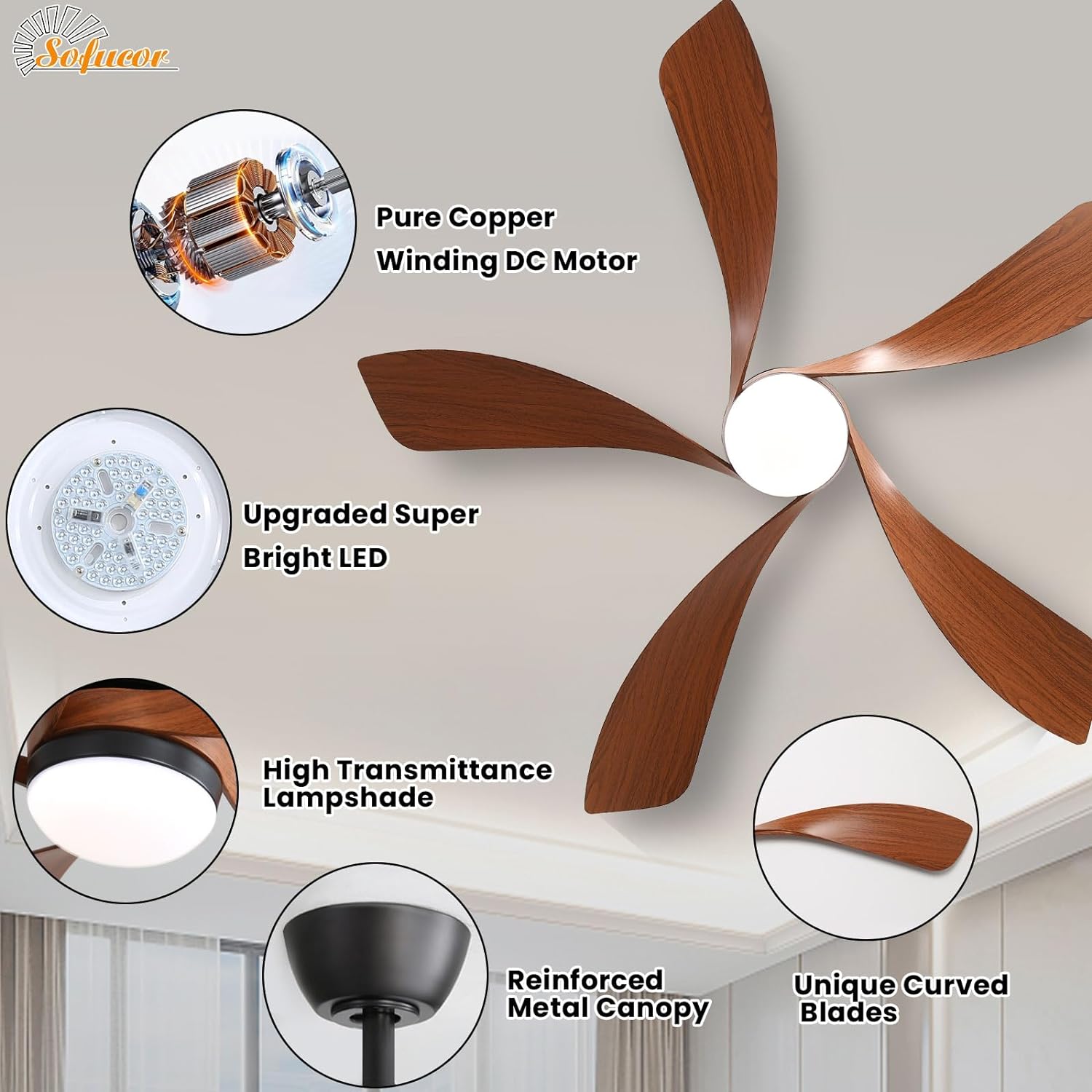 Sofucor 52" Smart Ceiling Fan, Indoor/Outdoor Ceiling Fans with Lights and Remote, Compatible with Alexa/Google/App, 3-Color Light 6-Speed Timing Reversible DC Motor for Bedroom Living Room Patio