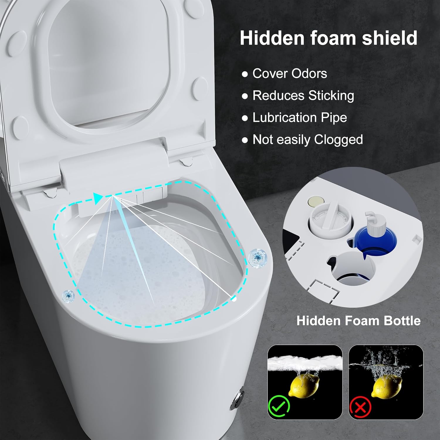 Smart Toilet with Auto Open/Close Lid for bedroom Heated Seat with Remote Control,Hidden Foam Shield, Multiple Cleaning Modes, Ambient Lighting,Soft Flush Feature Warm Water & Dryer