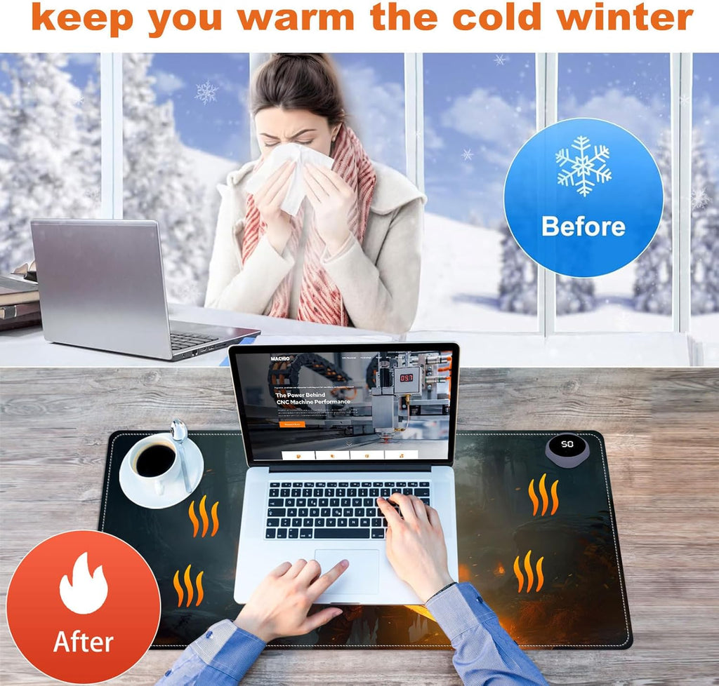 Small Heated Desk Pad 23.6" x 14.2" – Compact Electric Mouse Pad with 3 Heating Levels, Auto Shut-Off, Waterproof PU Surface, Plug-in Warmer for Office or Home Use, Fire Warrior
