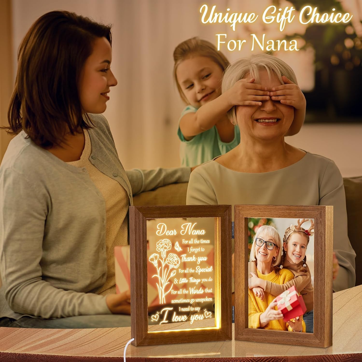 Christmas Grandma Gifts from Grandkids Granddaughter Grandson, Engraved Night Light with Nana Picture Frame 5x7, Nana Gifts Personalized Gift for Grandma Mimi Gigi Granny Grandmother Birthday Gift