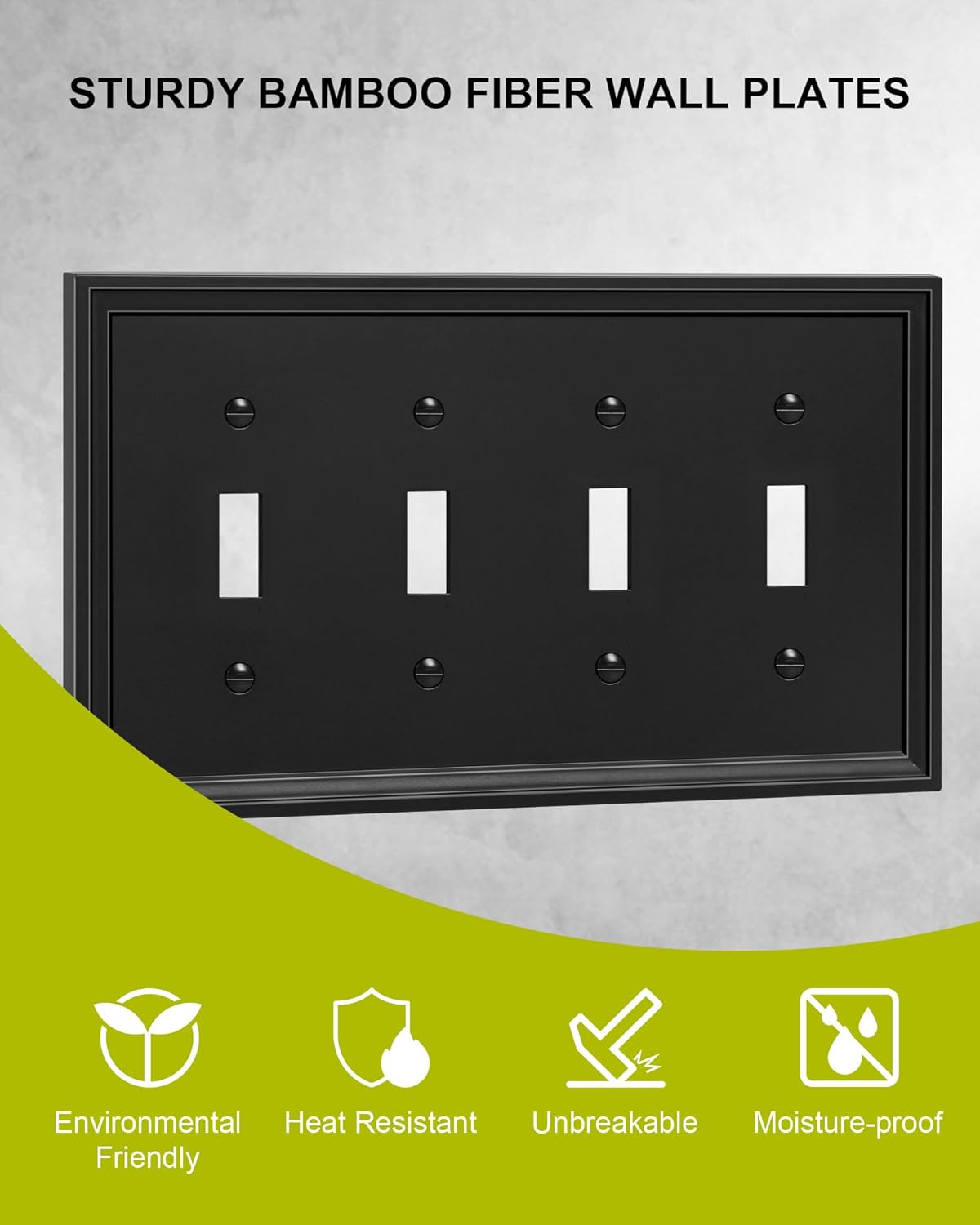 2-Pack Quad Toggle Light Switch Cover Plate, Black Decorative Switch Plate Covers, Natural Bamboo Fiber 4 Gang Wall Plate, Corrosion Resistant