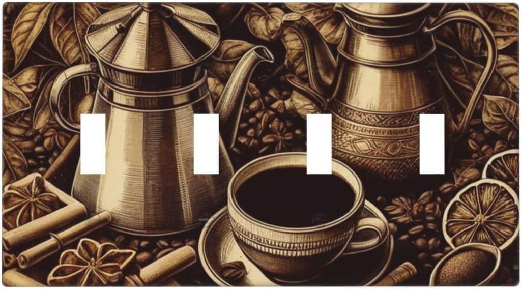 Decorative Light Switch Cover Plate Vintage Coffee Beans Leaf Cup 4 Gang Wall Plate Oversized Quad Toggle Switch Cover Plate Jumbo Faceplate for Kitchen Home Decor