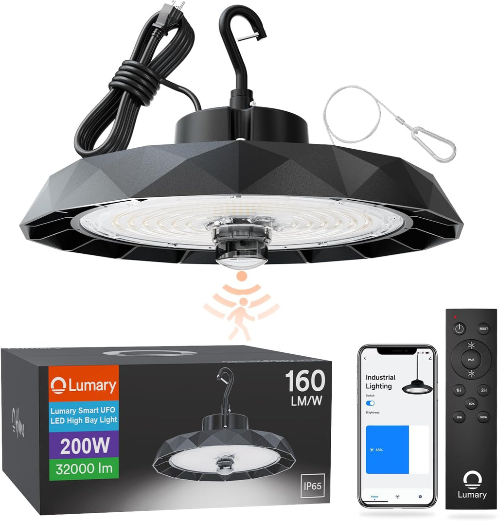 Lumary 32,000lm Smart Shop Light for Garage w/Motion Sensor 200W, Compatible with Alexa via Hub-Not Included, Bluetooth UFO LED High Bay Light Metal, 120-277V Brightness Dimmable, 5000K for Workshop