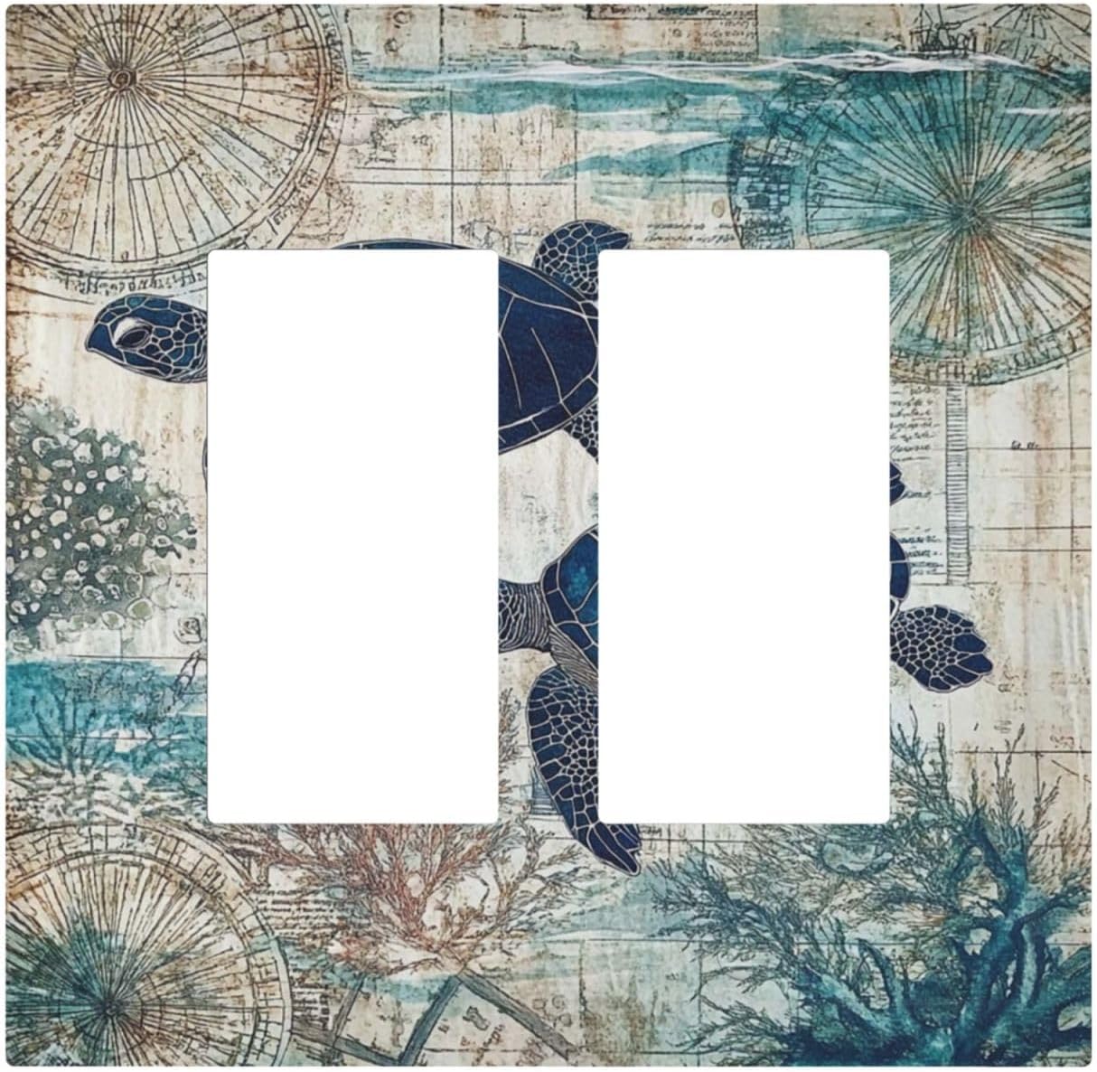 Blue Green Sea Turtle Tropical Ocean Coral Nautical Map Decorative Outlet Covers 2 Gang Double Gfci Rocker Electrical Wall Panels Light Switch Cover Plate For Bed Room Bathroom Decor