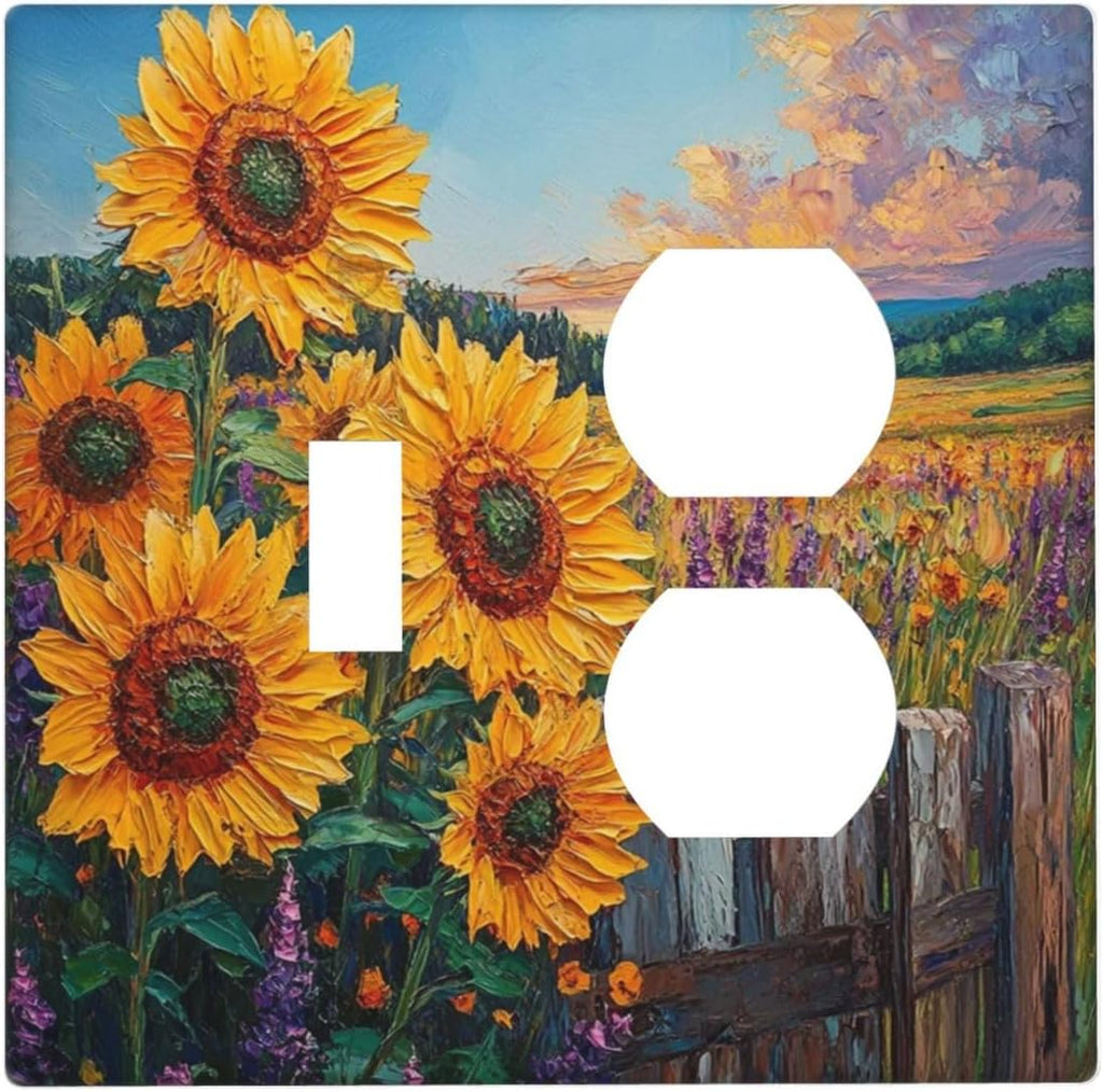 Decorative Outlet Covers Rustic Wilderness Sunflower Lavender Muzha Oil Painting 2 Gang Wall Plate Cover Single Toggle Duplex Combo Light Switch Cover Plate Faceplate