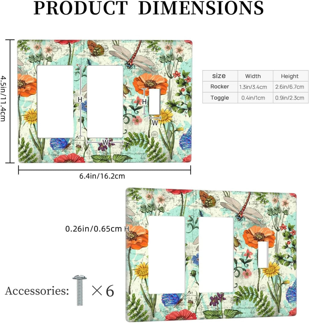 Dragonflies Flowers Butterfly 3 Gang Rocker Rocker Toggle Outlet Light Switch Cover Decorative Wall Plate Cover For Home Living Bedroom Kitchen Decorative
