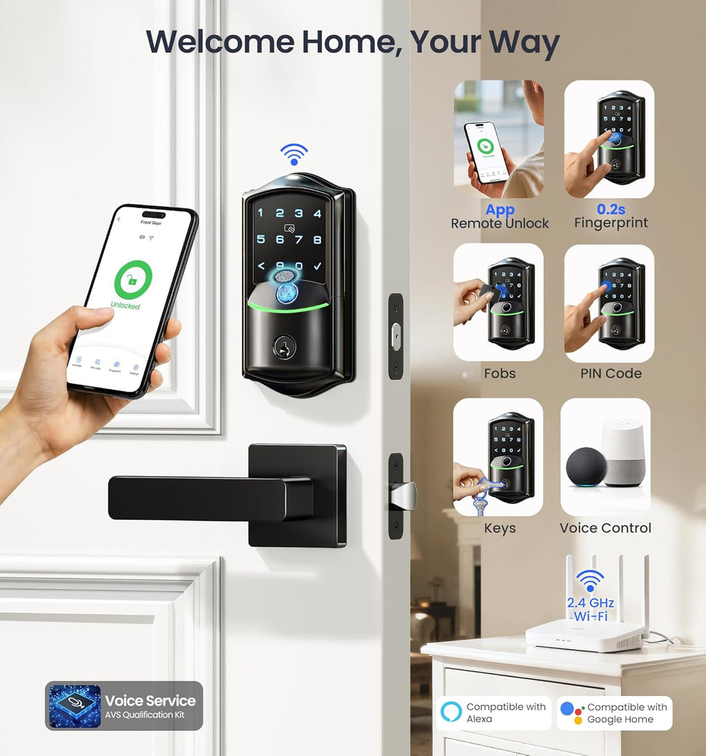 Veise VE027-L Built-in WiFi Smart Door Lock with Lever Handle Set, Fingerprint keyless Entry Door Lock, App Remote Control, Electronic Digital Keypad Deadbolt for Front Door, Auto Lock, Matte Black
