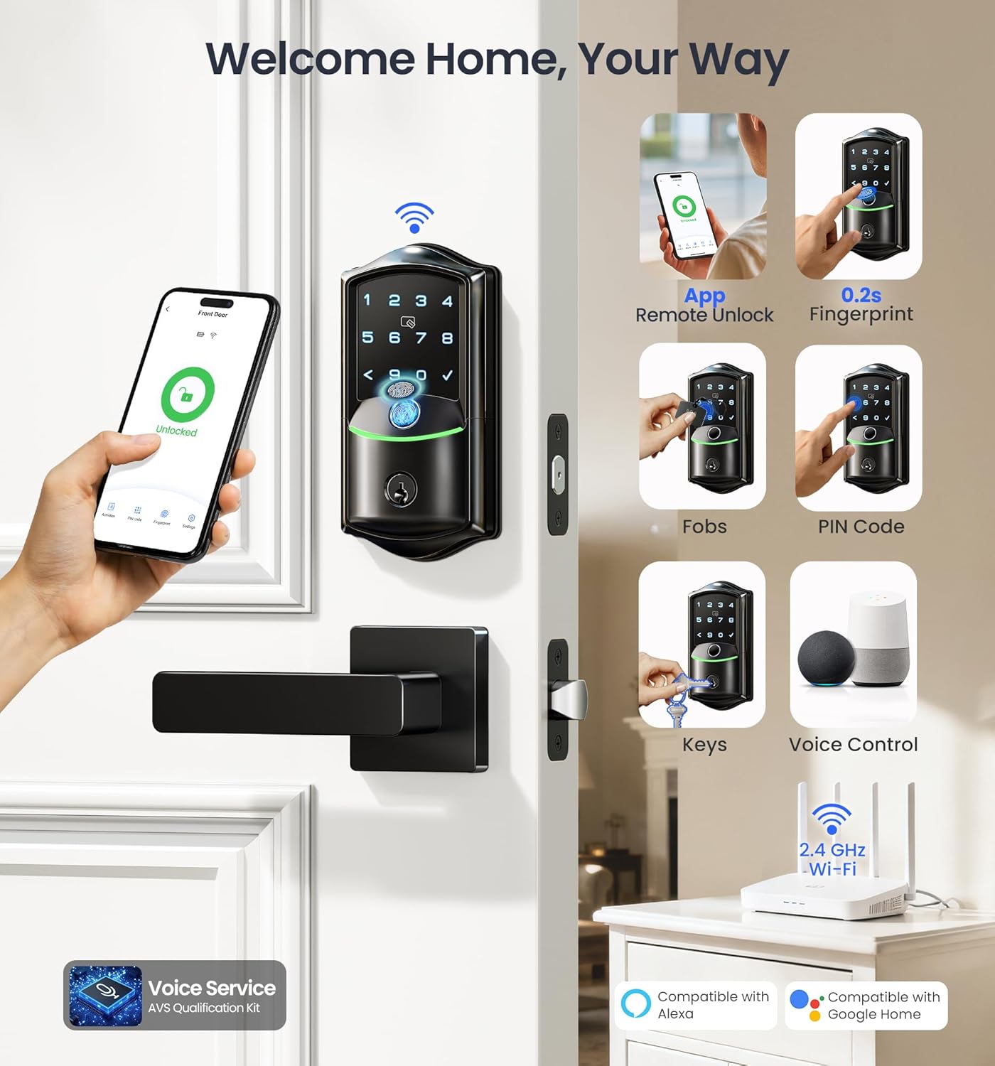 Veise VE027-L Built-in WiFi Smart Door Lock with Lever Handle Set, Fingerprint keyless Entry Door Lock, App Remote Control, Electronic Digital Keypad Deadbolt for Front Door, Auto Lock, Matte Black