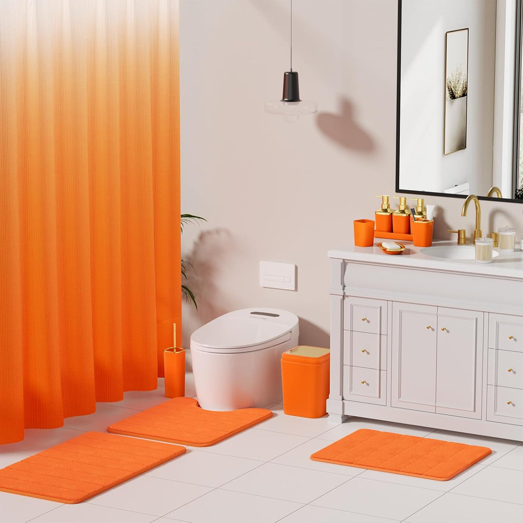 Bathroom Sets with Shower Curtain and Rugs, 27PC Bathroom Accessory Set, Orange Bathroom Set, Orange and Gold Bathroom Accessories Set with Trash Can, Toilet Brush and Soap Dispensers
