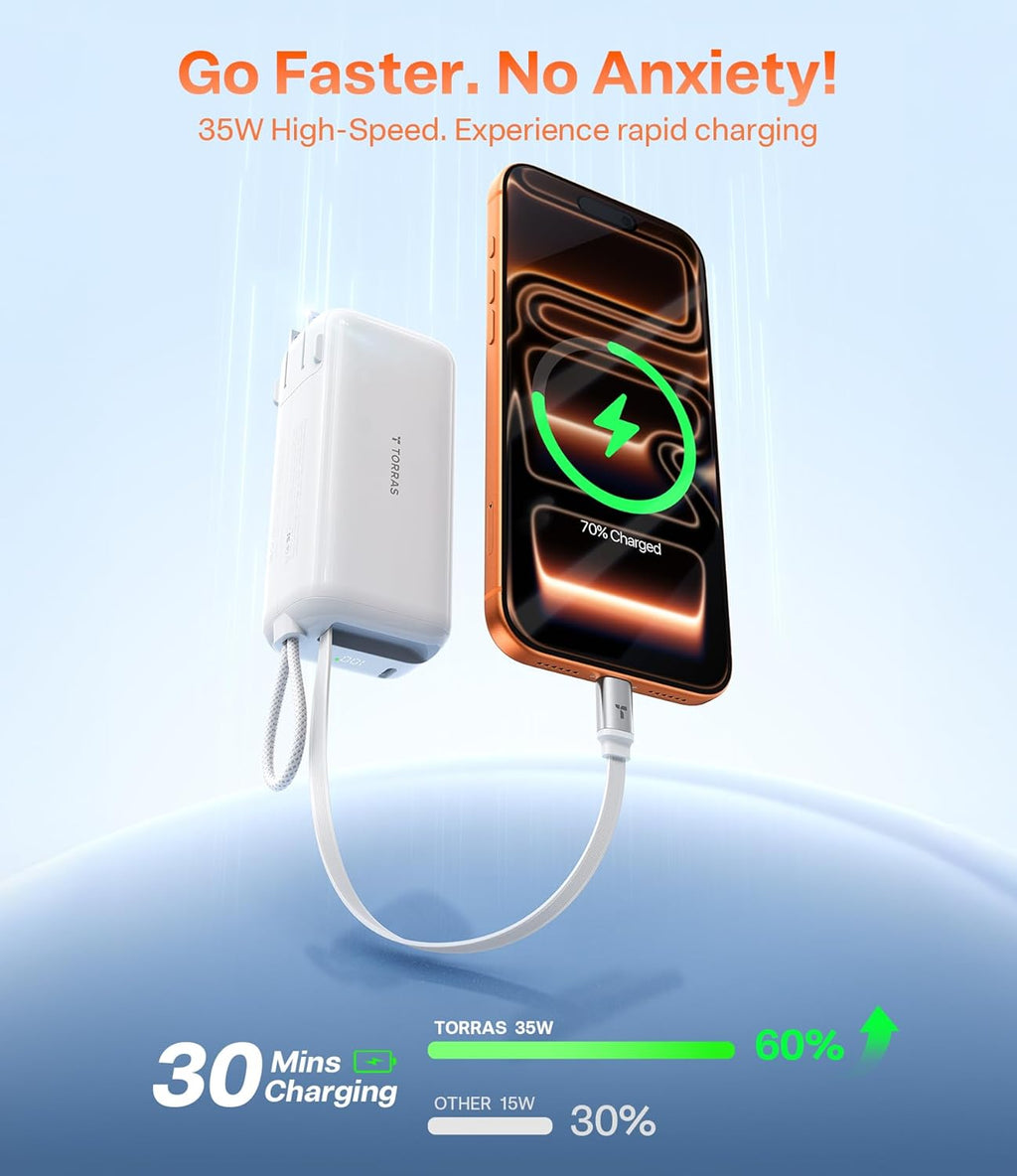 TORRAS EASYGO 3-in-1 Portable Charger, Built-in 28in Retractable USB C Cable and Wall Plug, 10000mAh Power Bank 35W Fast Charging, Travel Essentials Phone Battery Pack for iPhone 17 16 15 iPad Galaxy