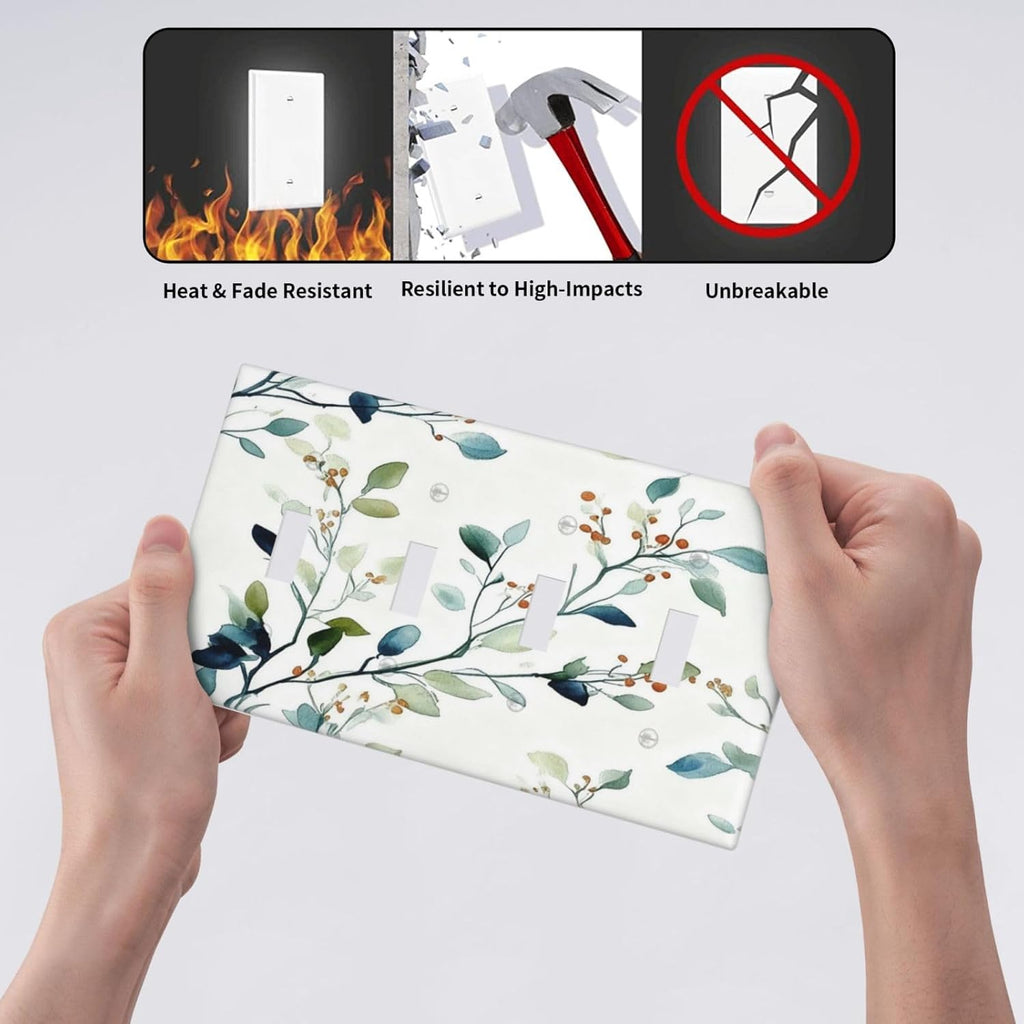 Decorative Light Switch Cover Plate Eucalyptus Leaf Geen Sage Leaves 4 Gang Wall Plates for Electrical Outlets Quad Toggle Switch Plate Covers Outlet Covers Faceplate for Bedroom Home Decor