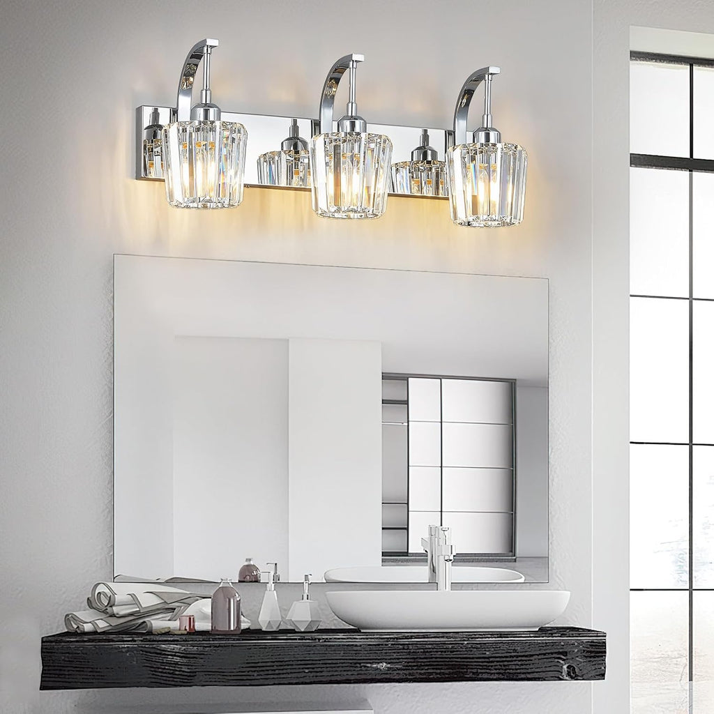 Modern Bathroom Vanity Light, 3-Light Chrome Wall Sconce with Crystal Accents, Over Mirror Bathroom Lighting Fixture, 23.62" Long Dimmable Vanity Lamp for Makeup, Easy Installation