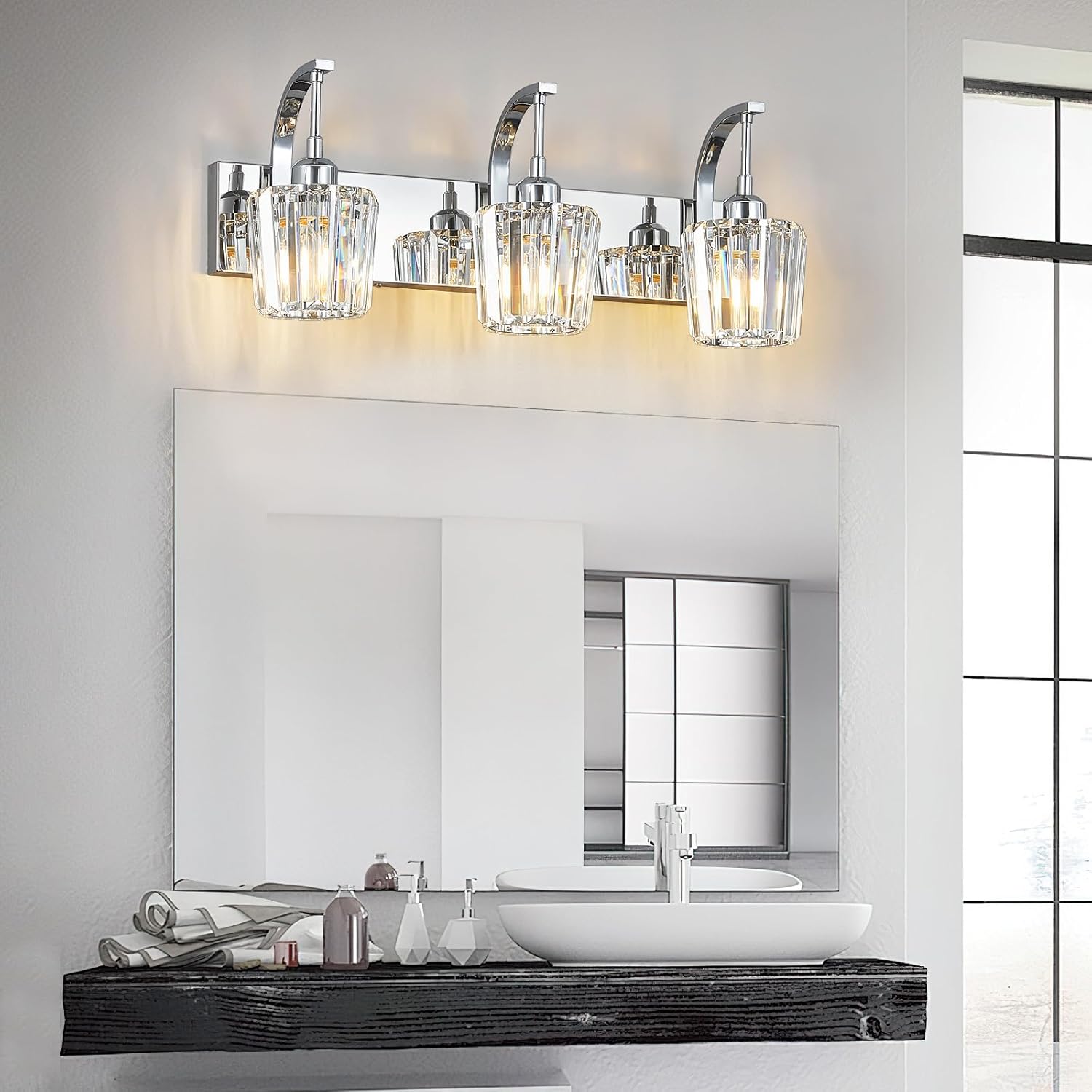 Modern Bathroom Vanity Light, 3-Light Chrome Wall Sconce with Crystal Accents, Over Mirror Bathroom Lighting Fixture, 23.62" Long Dimmable Vanity Lamp for Makeup, Easy Installation