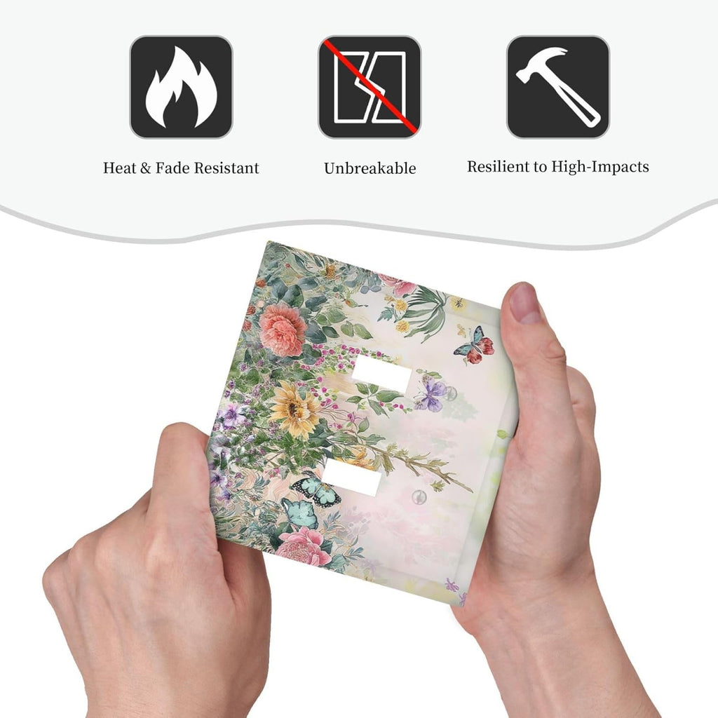 Rustic Floral Watercolor Flower Blossom Butterfly 2 Gang Double Toggle Light Switch Cover Decorative Switchplate Electrical Wall Plates Faceplate for Bathroom Bedroom Decor 4.9 X 5 IN