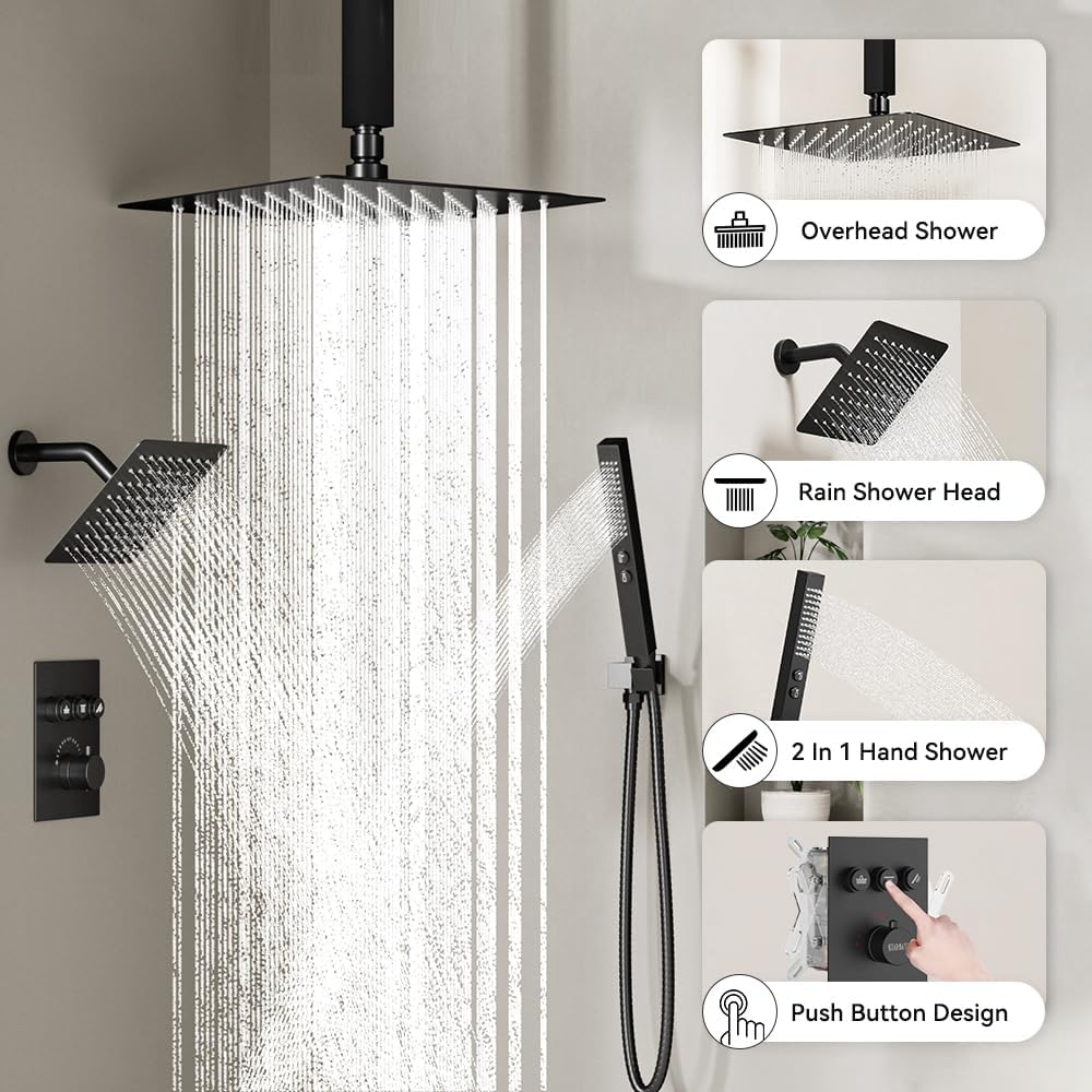 Thermostatic Shower System Matte Black Push Button Shower Faucet Set,12" Ceiling Rainfall and 6" Wall Mount Rain Shower with 2 in 1 Handhled, Can Use All at Once, Shower Set with Valve and Trim Kit