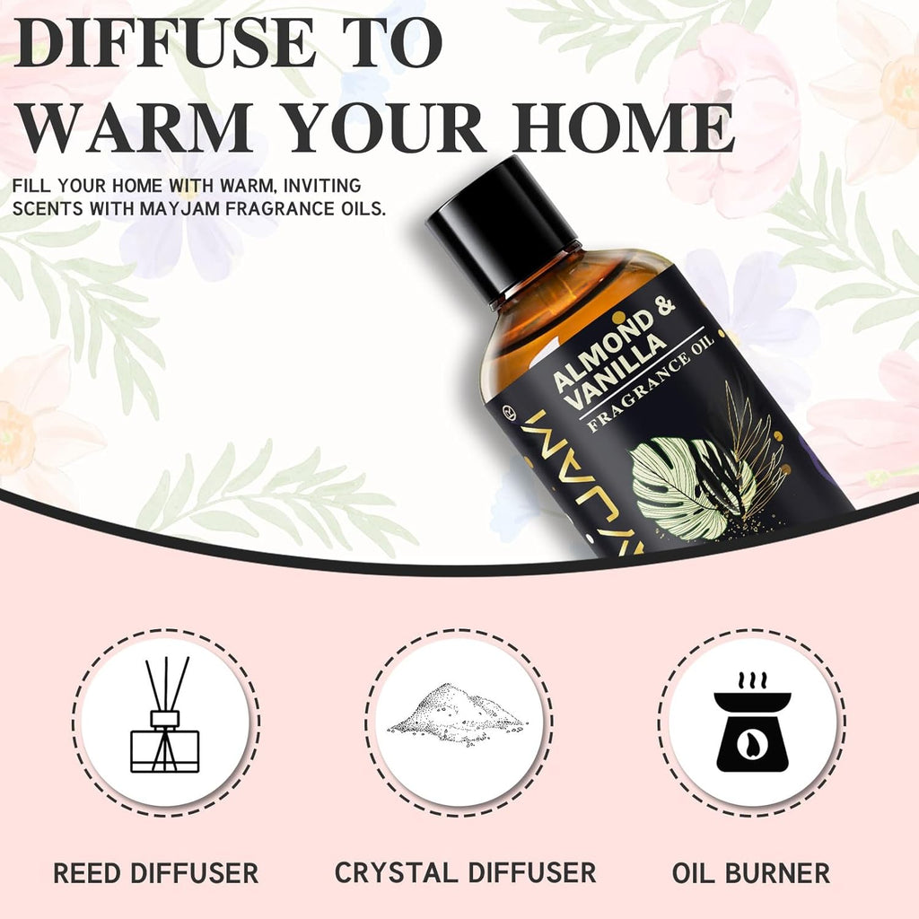 Almond & Vanilla Fragrance Oil Essential Oil, MAYJAM 3.38FL.OZ Almond & Vanilla Oil for Diffusers for Home, Long Lasting Scented Oils for Soap Candle Making - 100ML