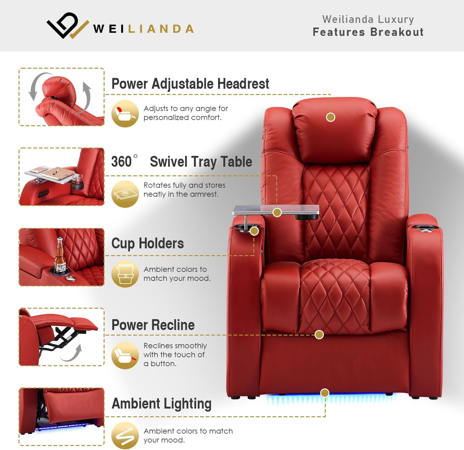 Weilianda Home Theater Seating Top Grain Leather Zero Gravity Recliner Chair Power Headrest Recline Movie Seat Gaming 7 Colors Mood Light Sofa with Tray Table USB Charge Row of 3 Loveseat Left Red