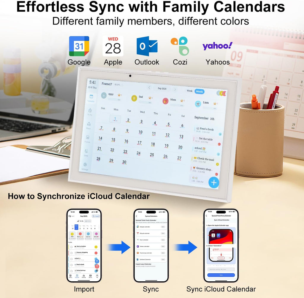 10.1 Inch Smart Digital Calendar Chore Chart Meal Planner HD Touchscreen Smart Family Planner, Hearth Display Desk Digital Calendar Seamless Scheduling(No battery)