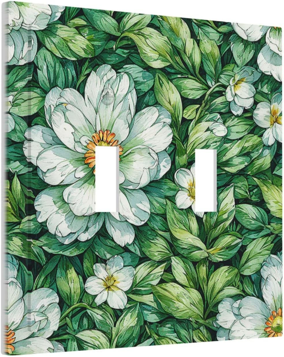 Vintage Floral White Flowers Green Plants Leaves Decorative Switch Plates 2 Gang Double Toggle Outlet Light Switch Cover Wall Plate Electrical Faceplate for Bedroom Bathroom Decor