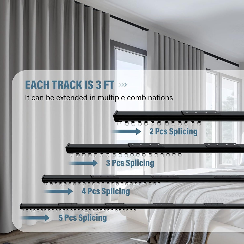 Curtain Track Ceiling Mount heavy duty sliding Curtains Tracks rails Rod System Room Divider with clips 12-15ft Black