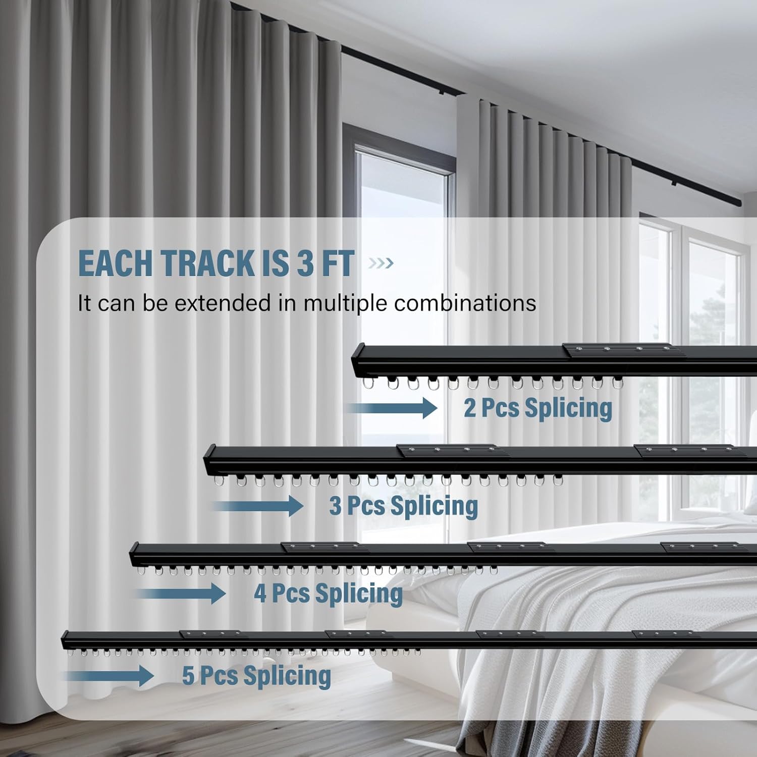 Curtain Track Ceiling Mount heavy duty sliding Curtains Tracks rails Rod System Room Divider with clips 9-12ft Black