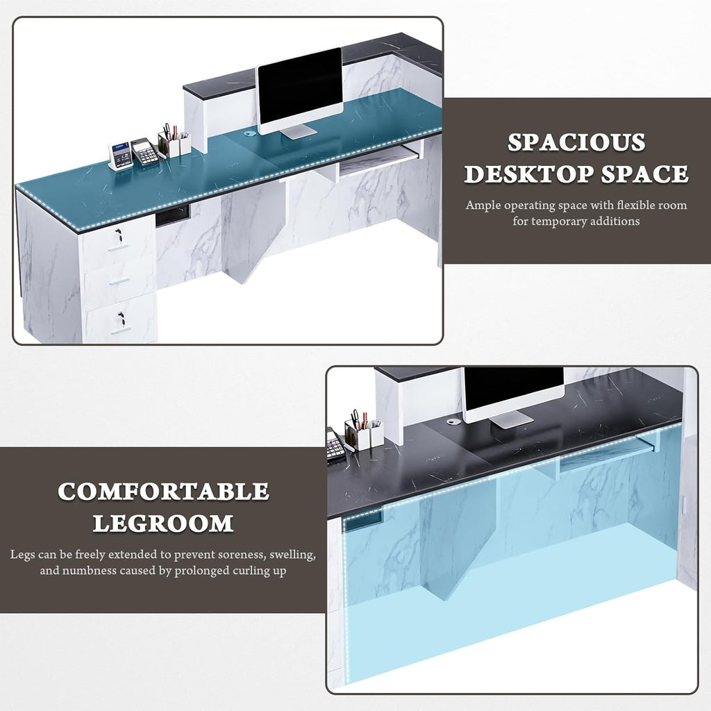 R-Shaped Modern Reception Desk with Counter & Storage - 71"/84" Large Office Front Desk, Salon Checkout Counter with Lockable Cabinets, Shelves & Drawers (Black & White, Right - 71''L x 34''W x 41''H)