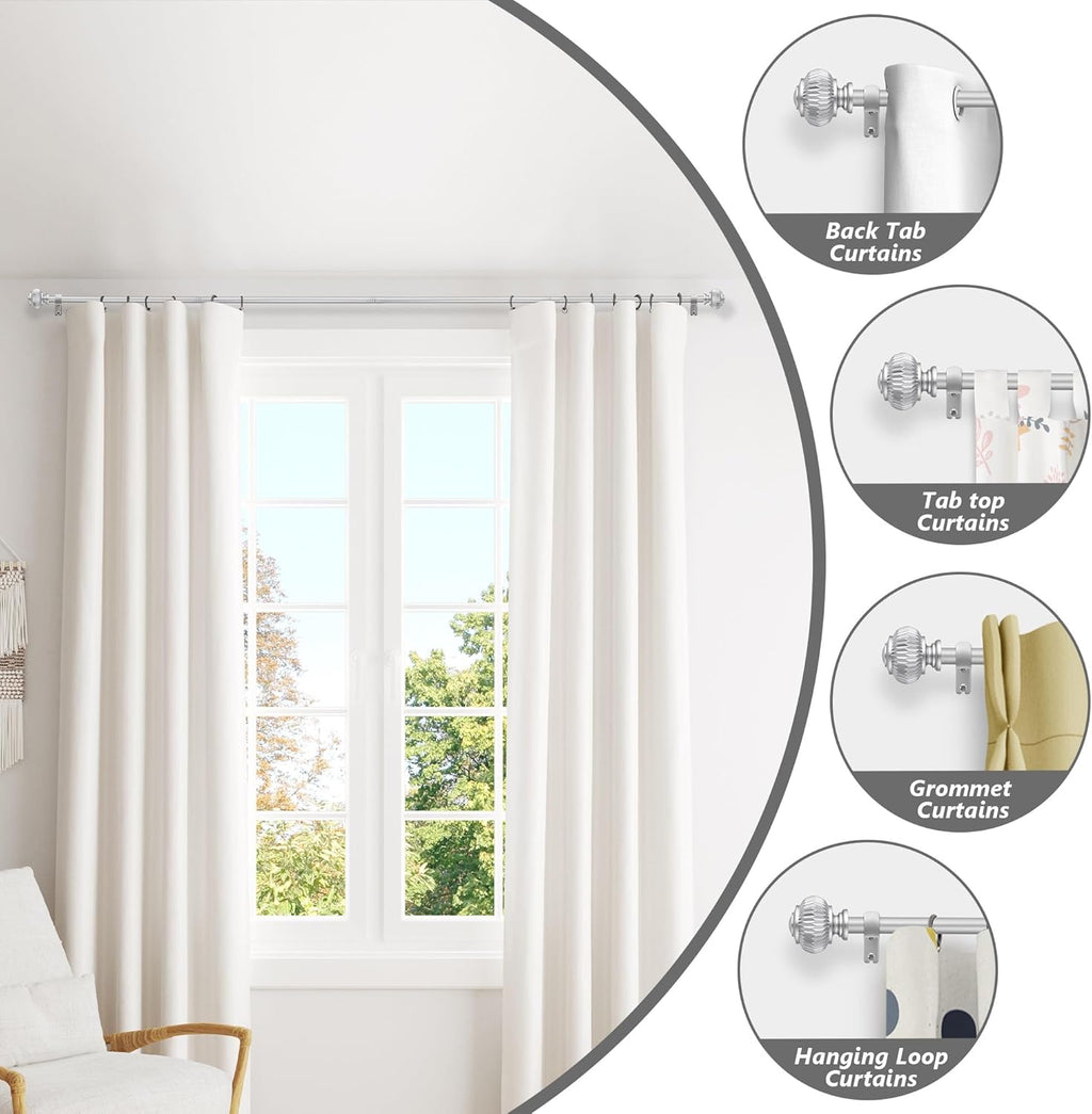 Silver Curtain Rods for Windows 28 to 48 Inches 6/8 Inch Adjustable Heavy Duty Curtain Rods with Lantern Ball Finials,Window Treatment Single Curtain Rod Set